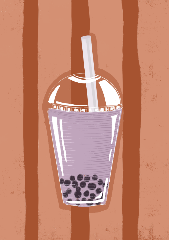 A purple bubble tea with tapioca pearls.