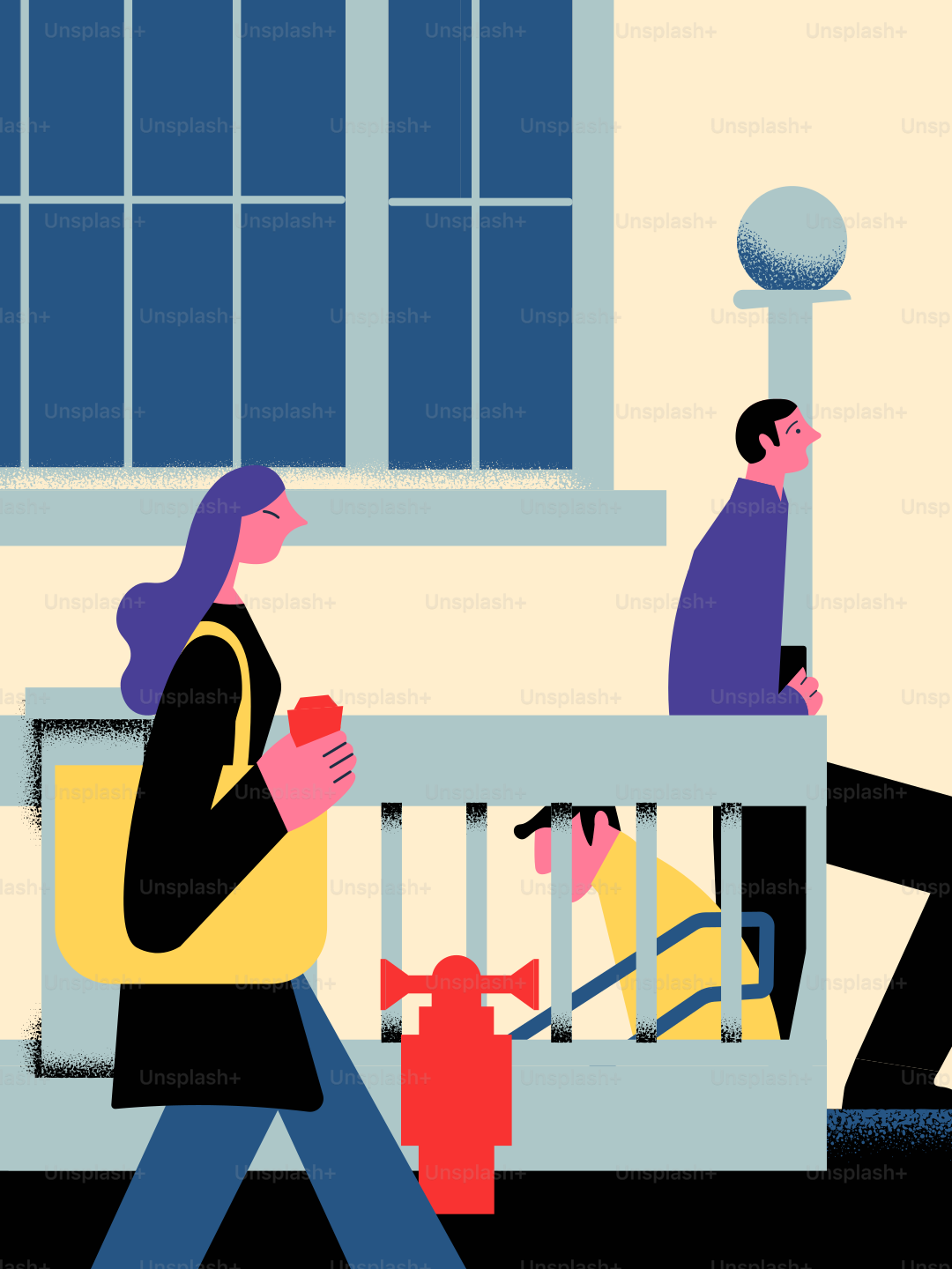 People walking past a building with a red scooter.