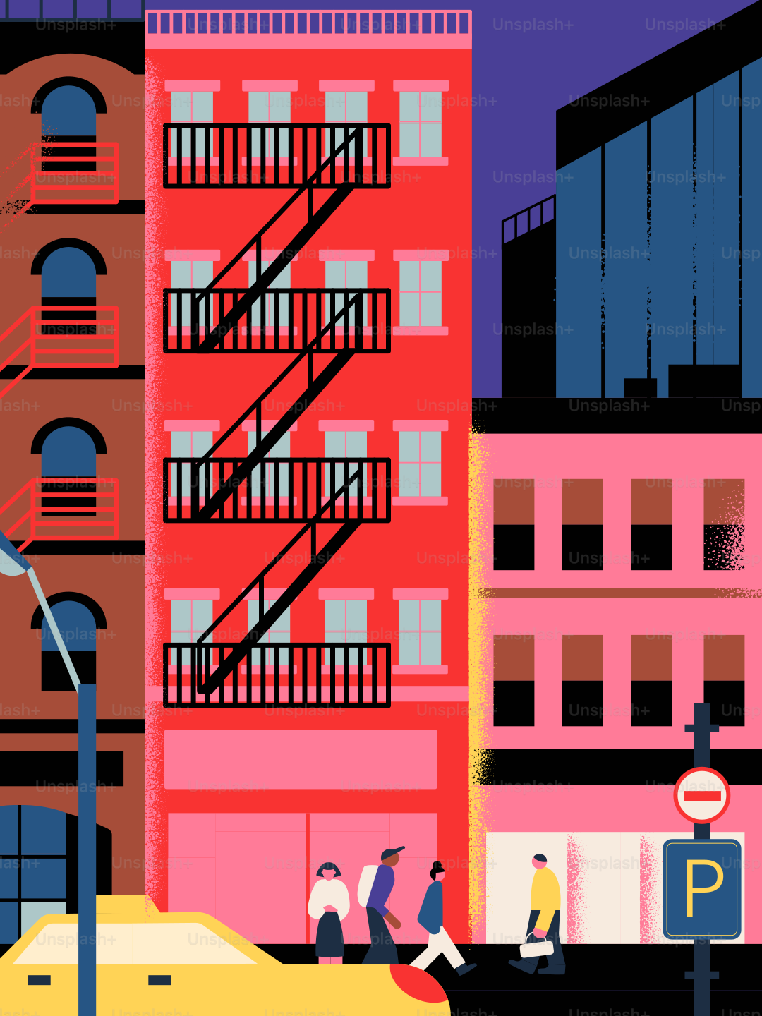 Scène de rue urbaine avec des bâtiments colorés et des habitants.