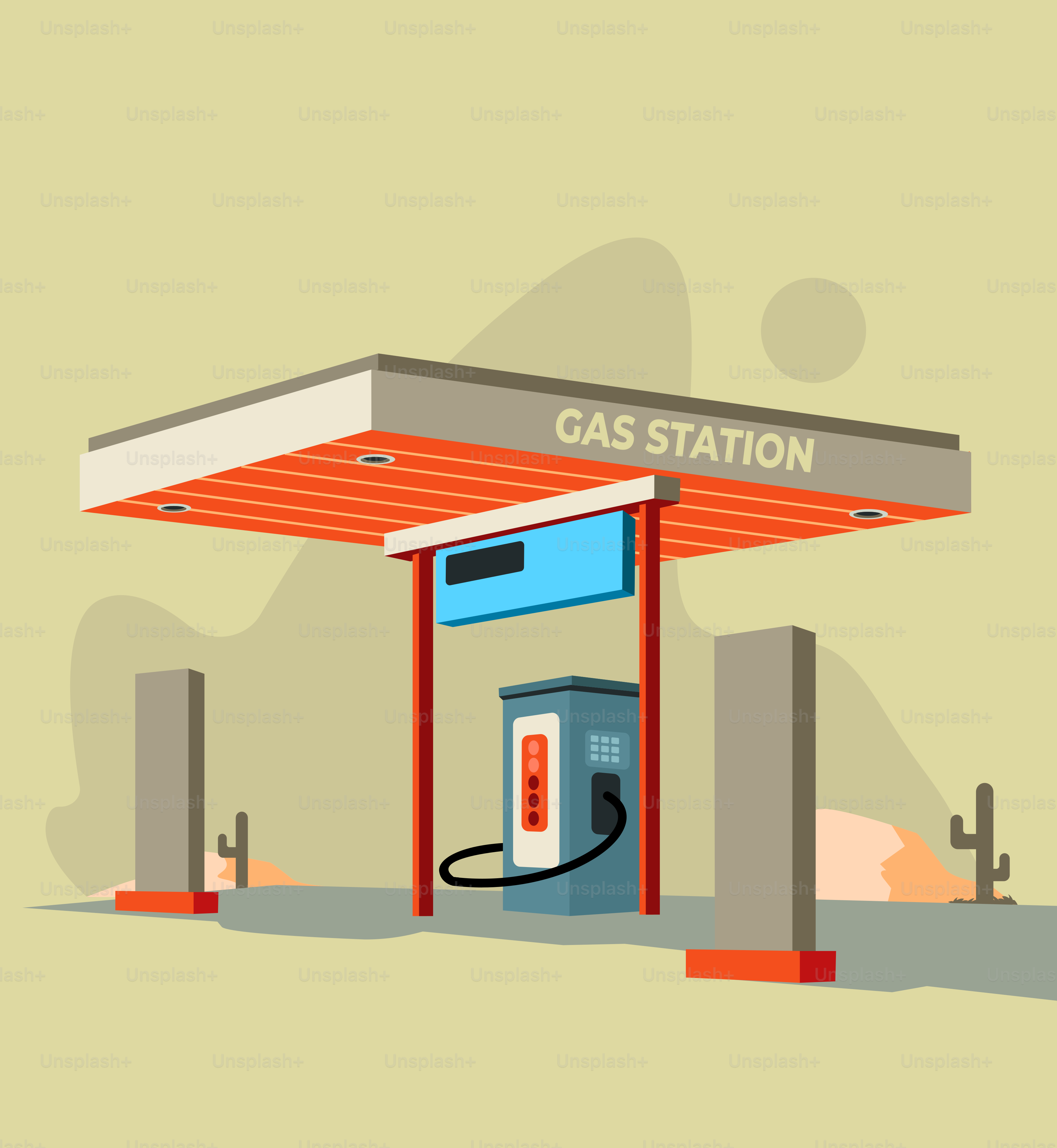 Station-service dans le désert avec pompes et cactus