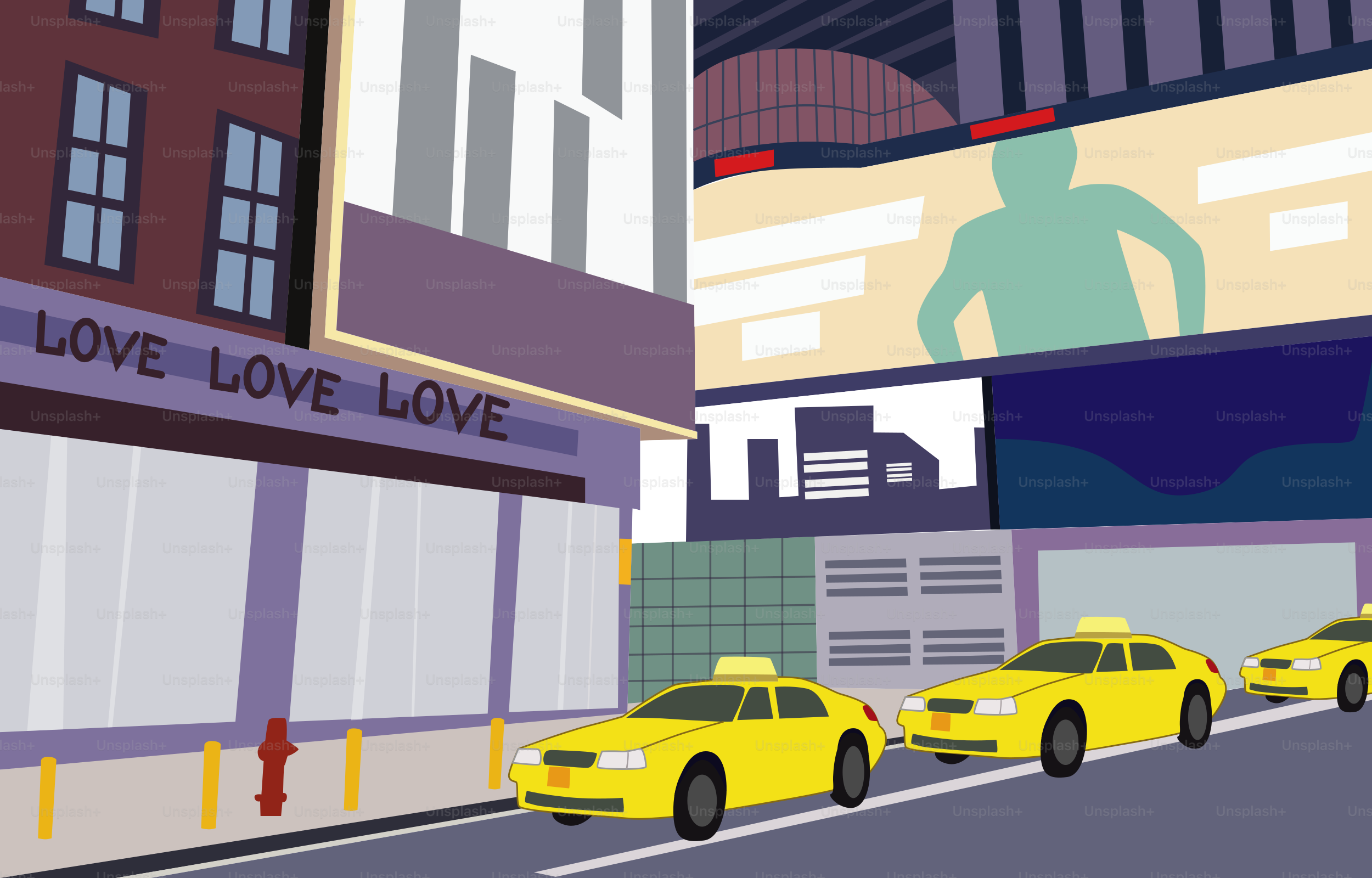 Taxis amarillos circulan por una calle con vallas publicitarias.