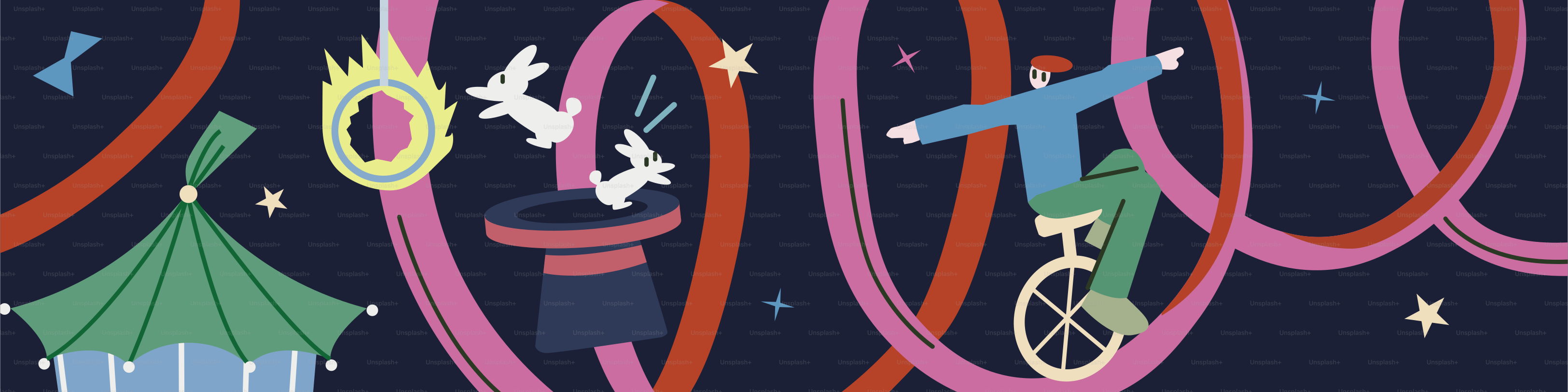 Artistas de circo en monociclo y conejos saltadores.