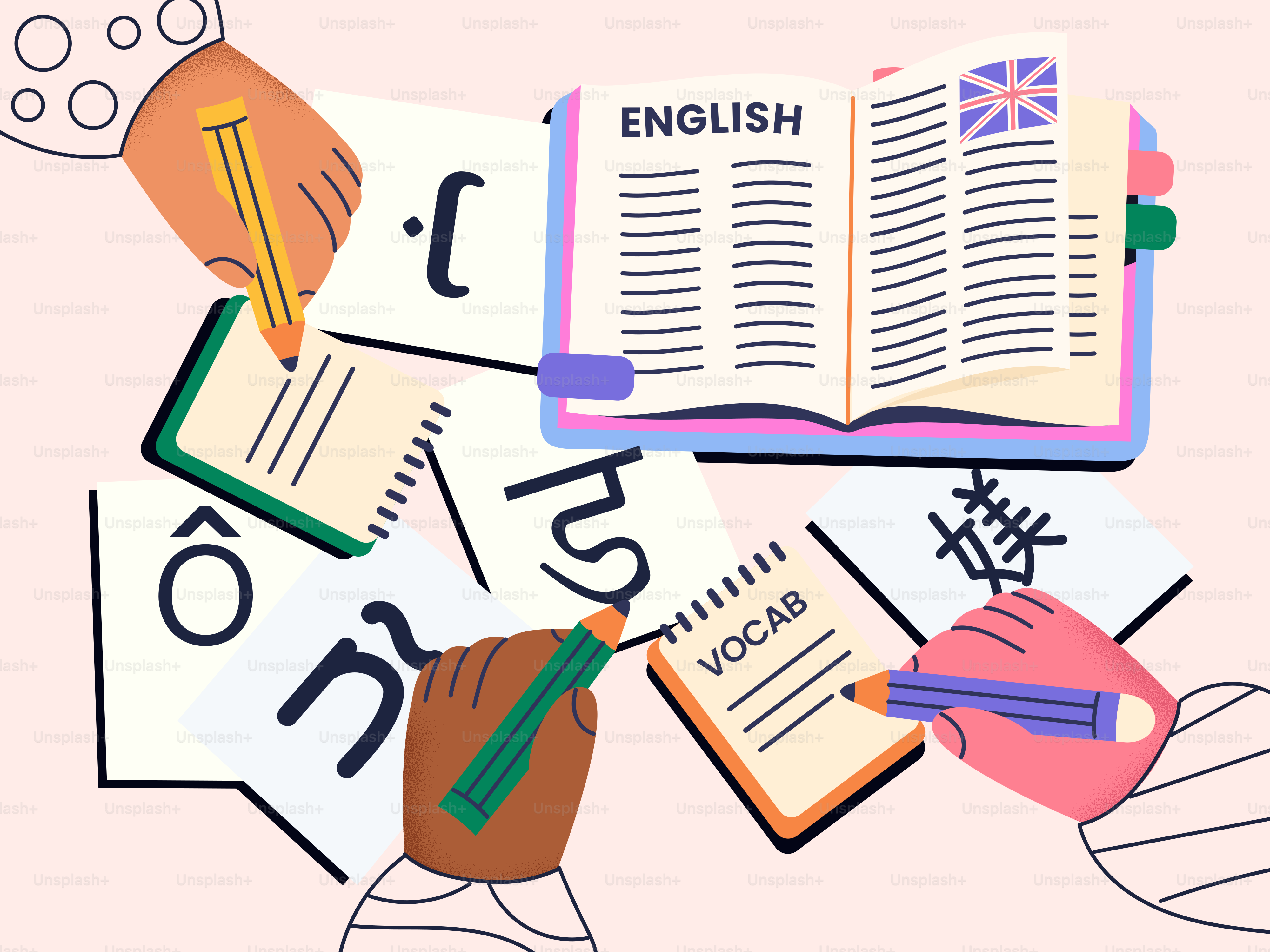 Hände schreiben verschiedene Sprachen und englischer Wortschatz.