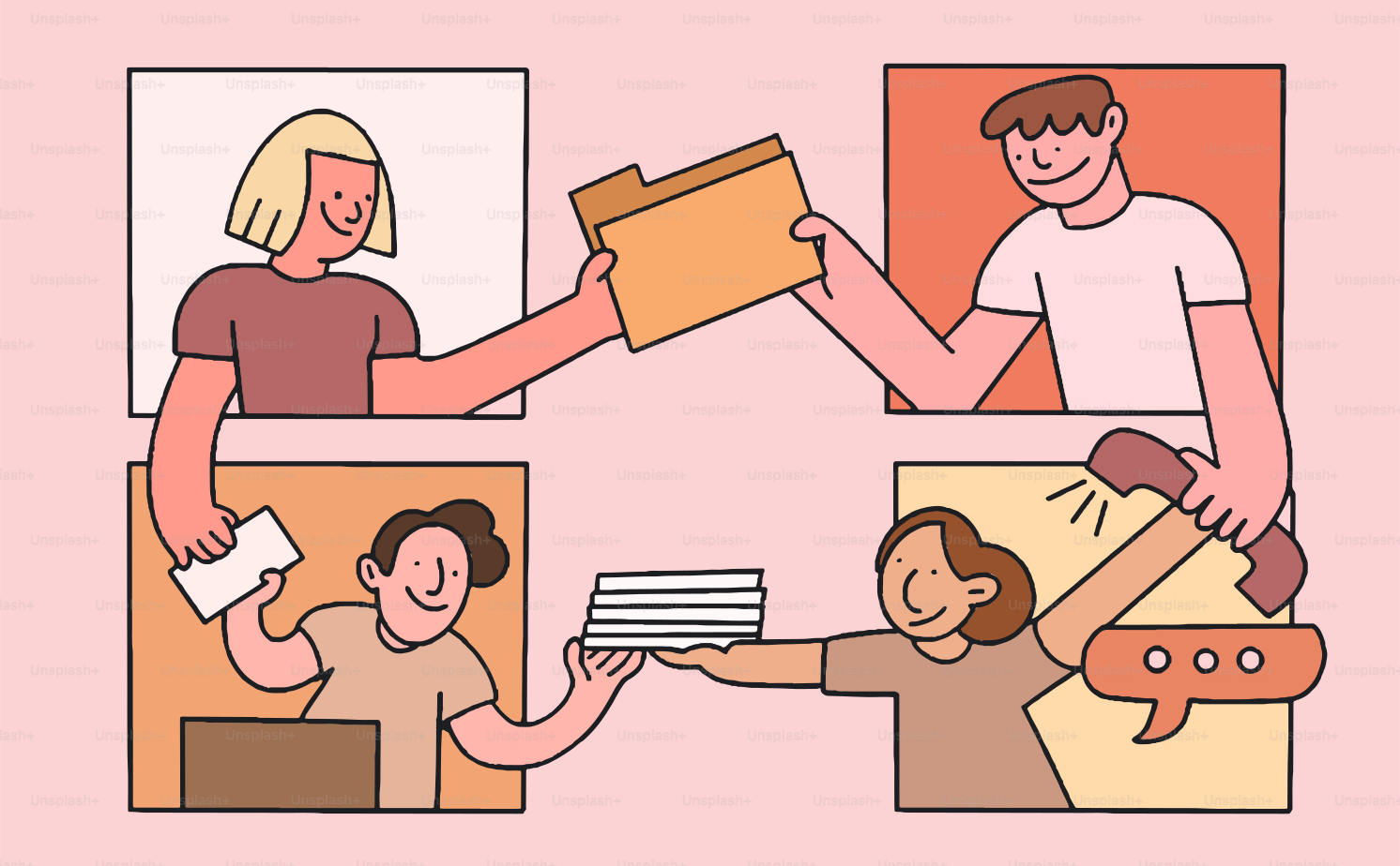 팀이 원격으로 협업하고, 문서를 공유하며, 통화를 진행합니다.