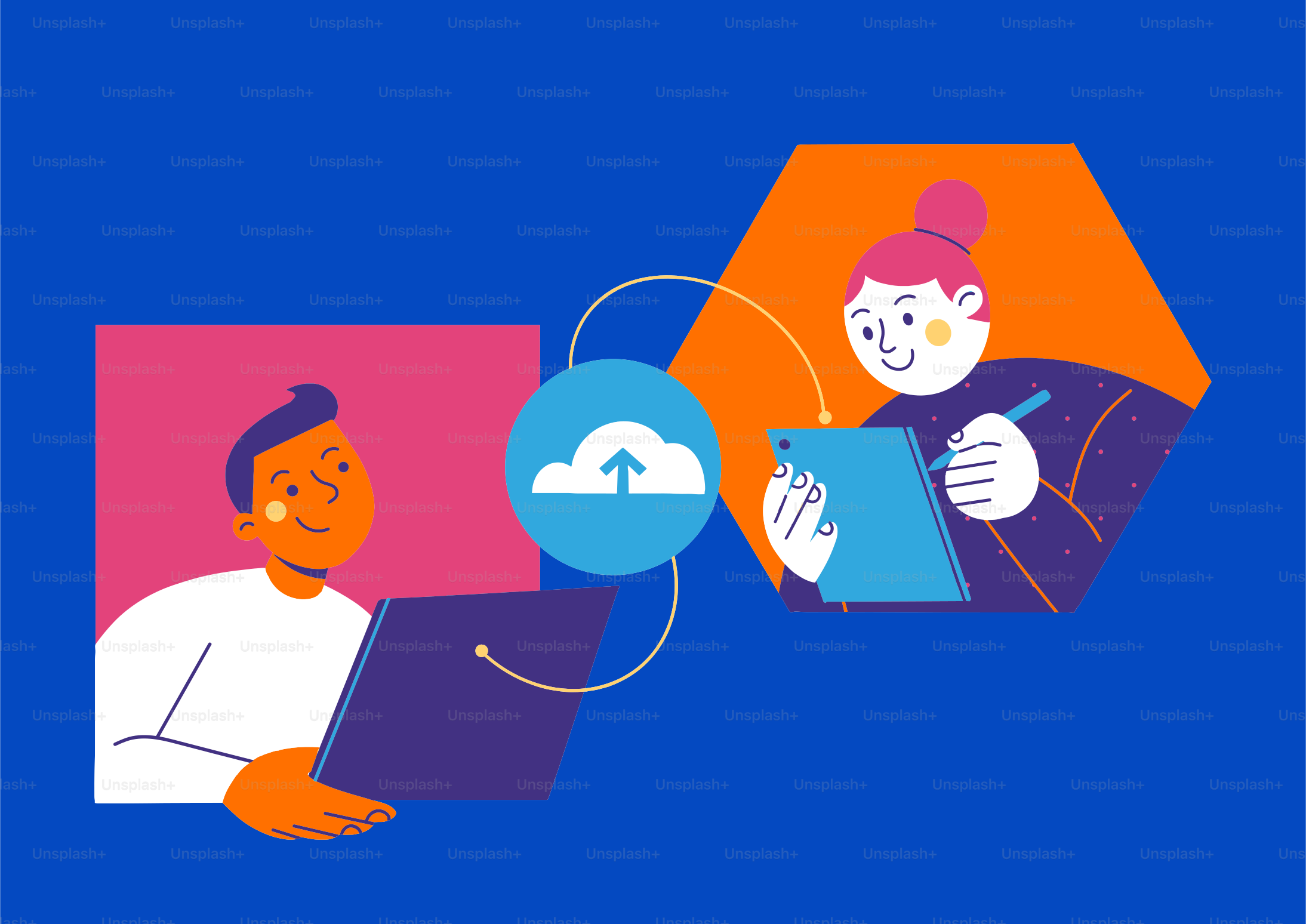 Two people connect digitally with cloud upload.
