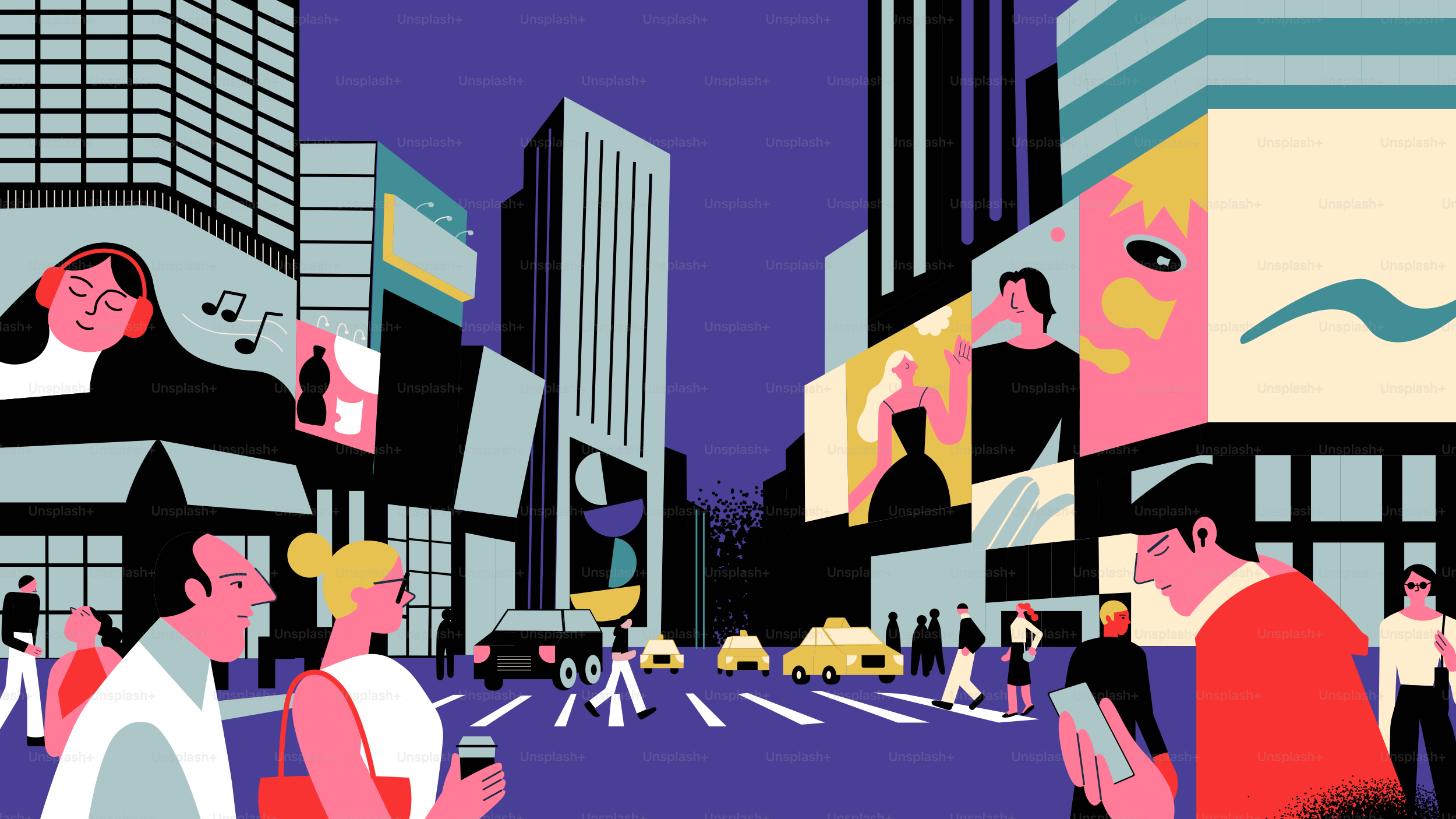 People walking in a vibrant city street at night.