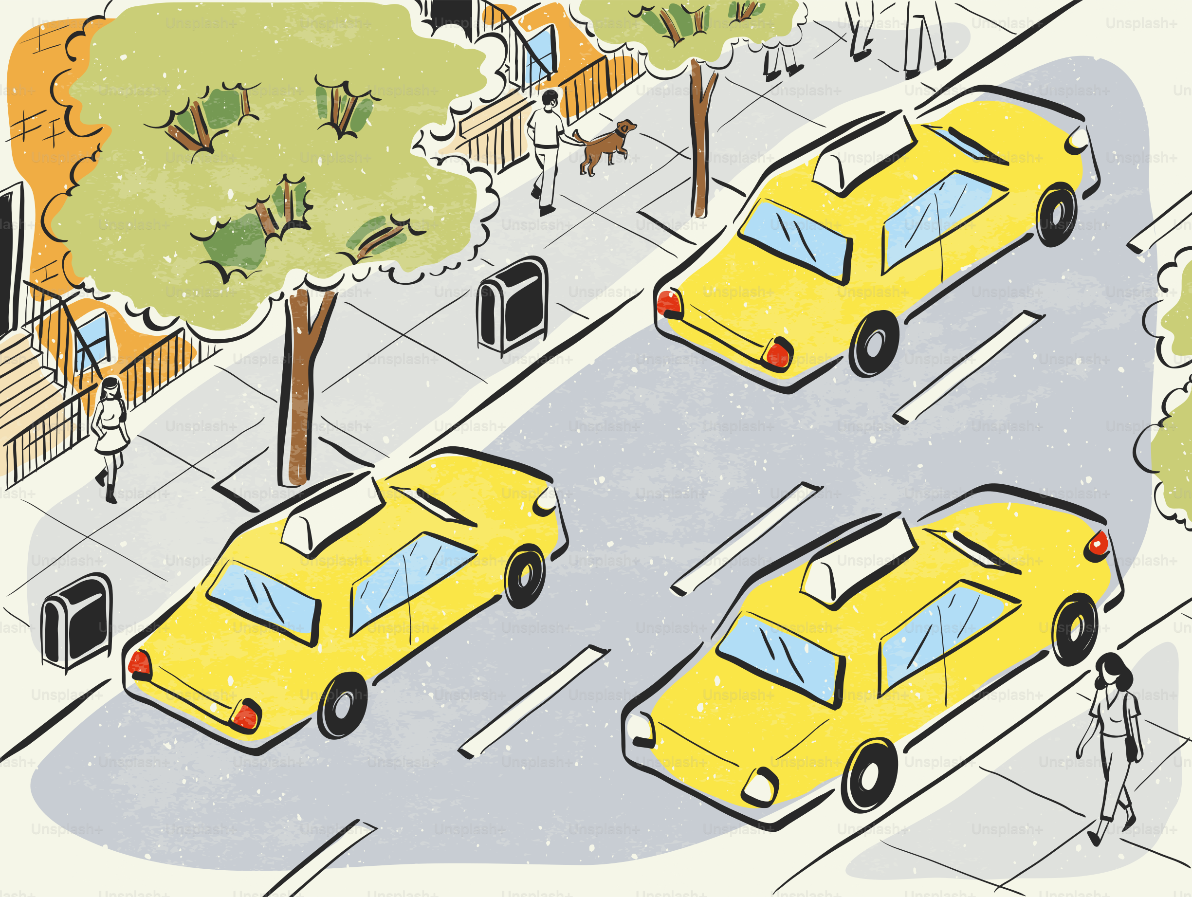 Yellow taxis driving on a city street.