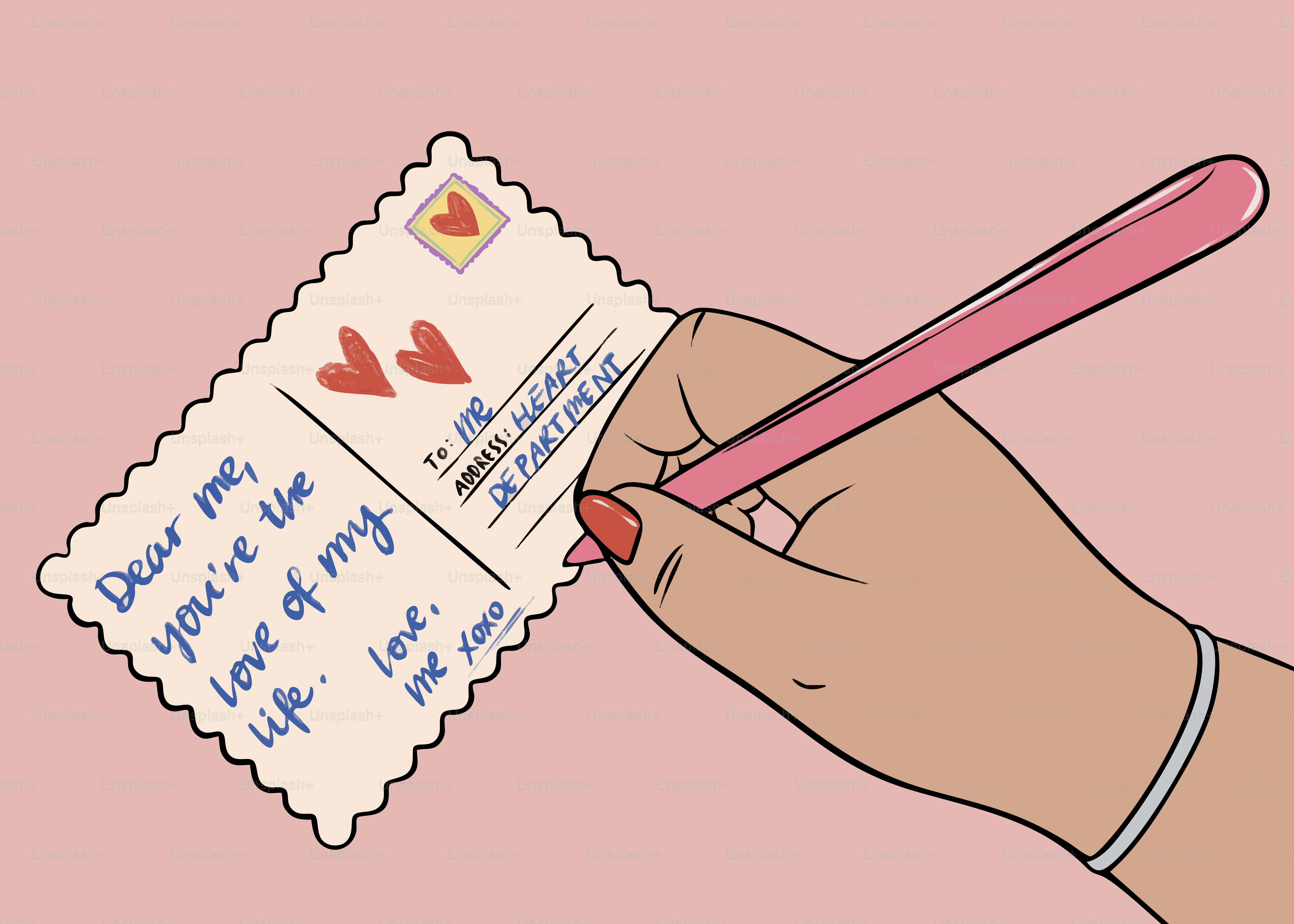 Escrever à mão uma carta de amor em um cartão postal.