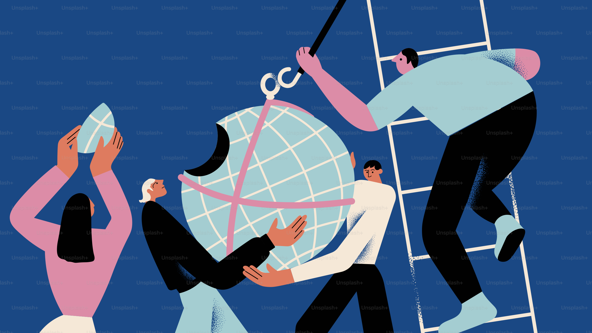 People building a globe together on a ladder