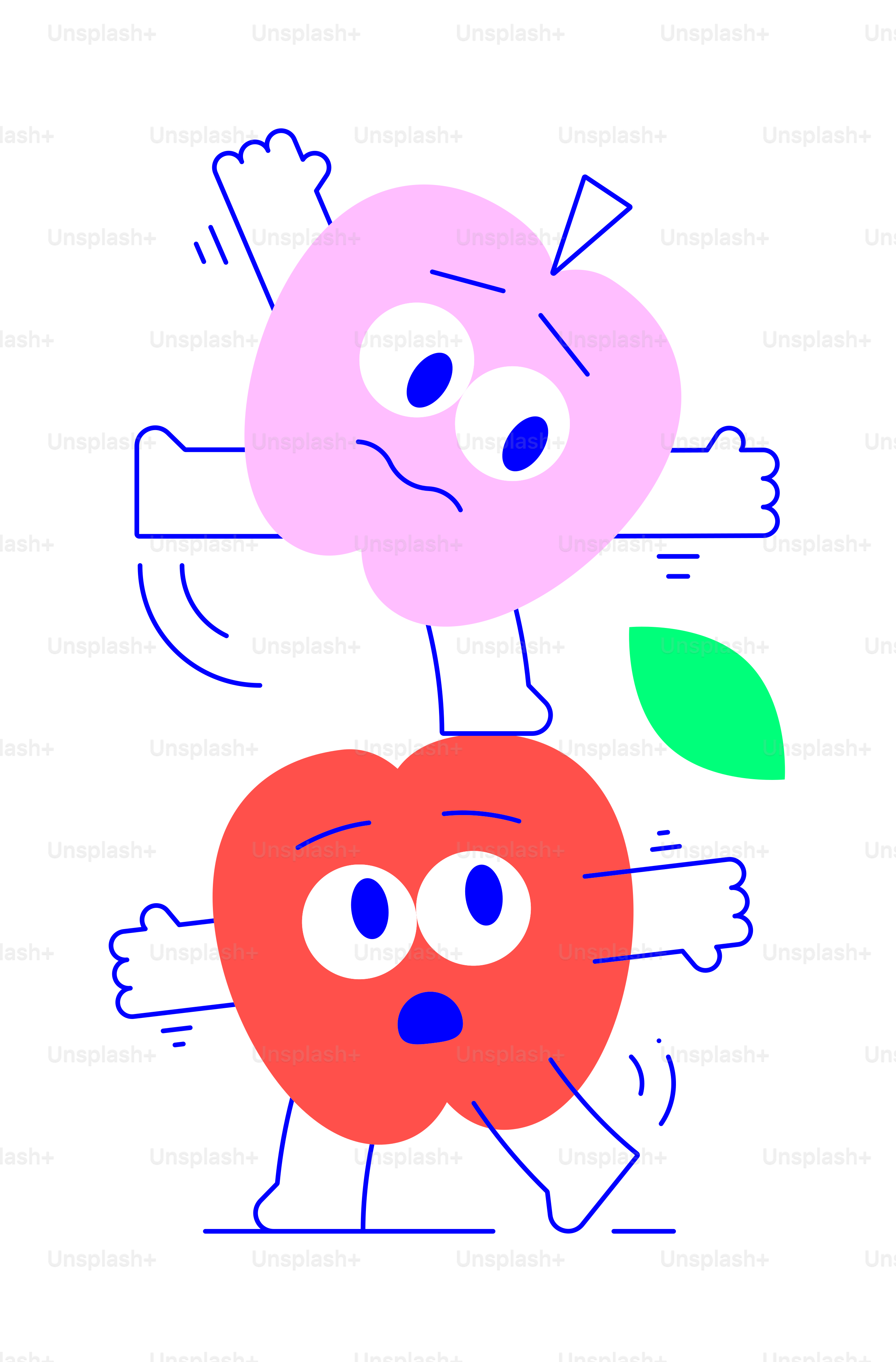 Two cartoon apples with surprised expressions falling expressions.
