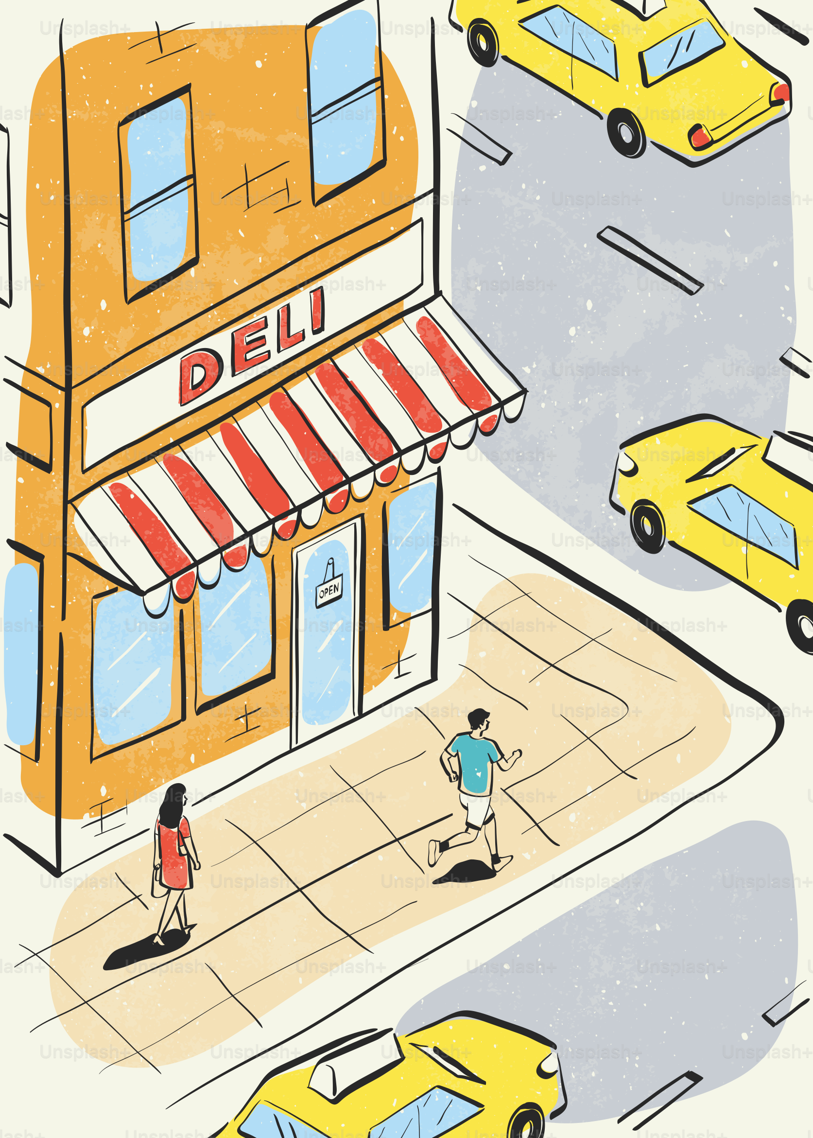 人々は黄色いタクシーの近くにあるデリの前を通り過ぎます。