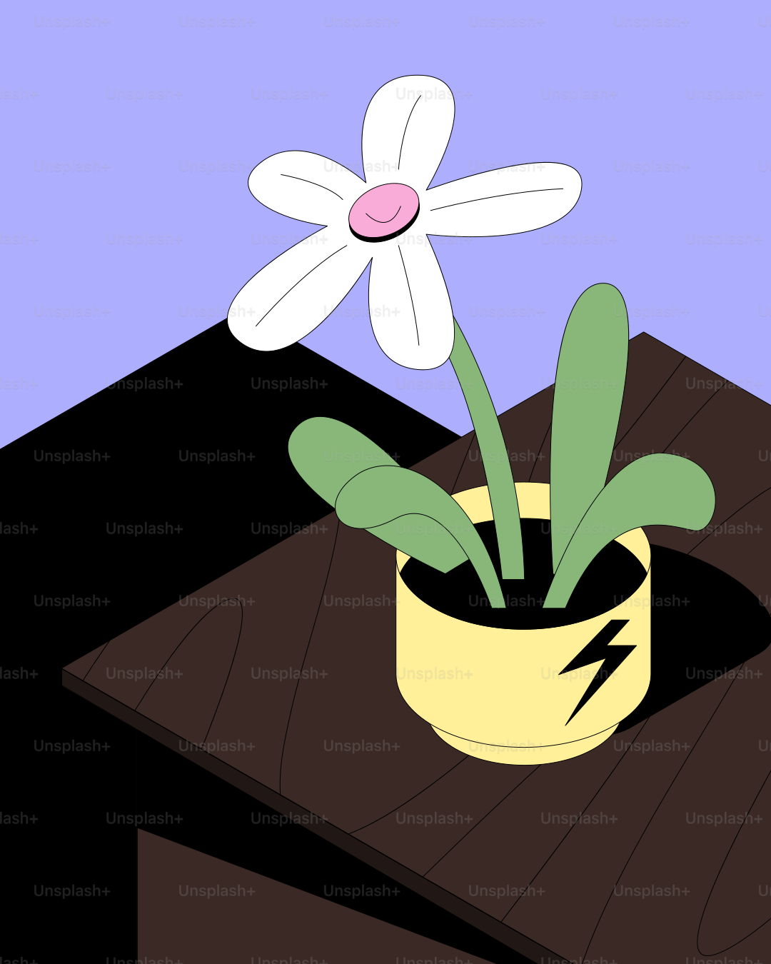 黄色い鉢に入った白い花と稲妻。