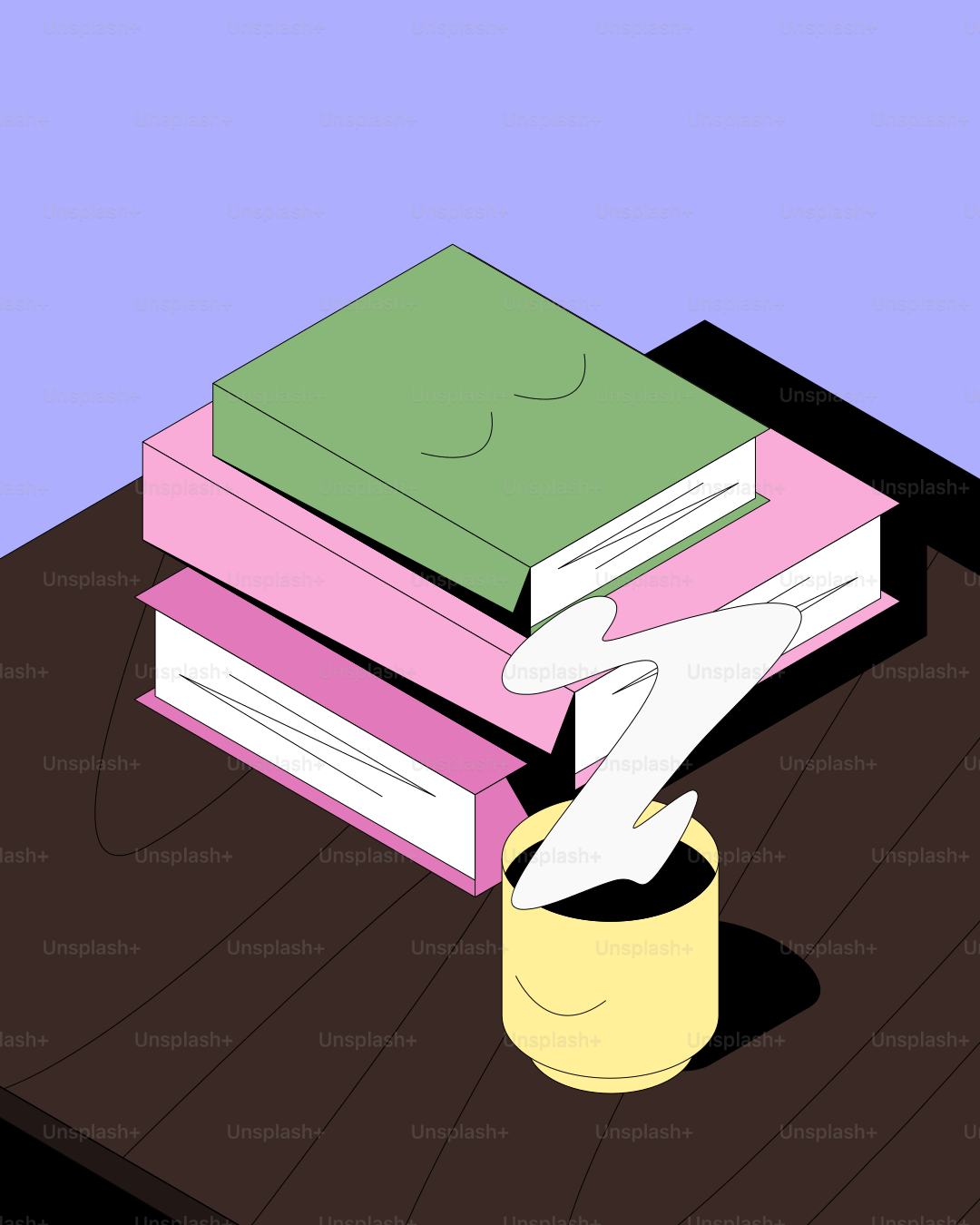 蒸気の立つコーヒーの隣に積まれた本の山。