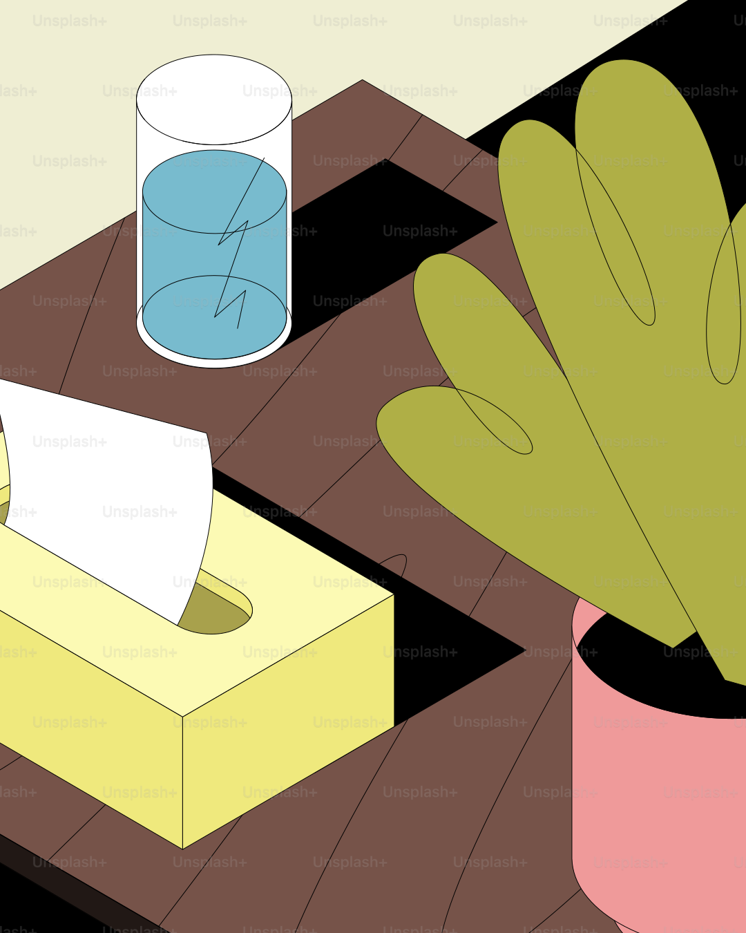 テーブルの上にティッシュボックス、水の入ったグラス、植物