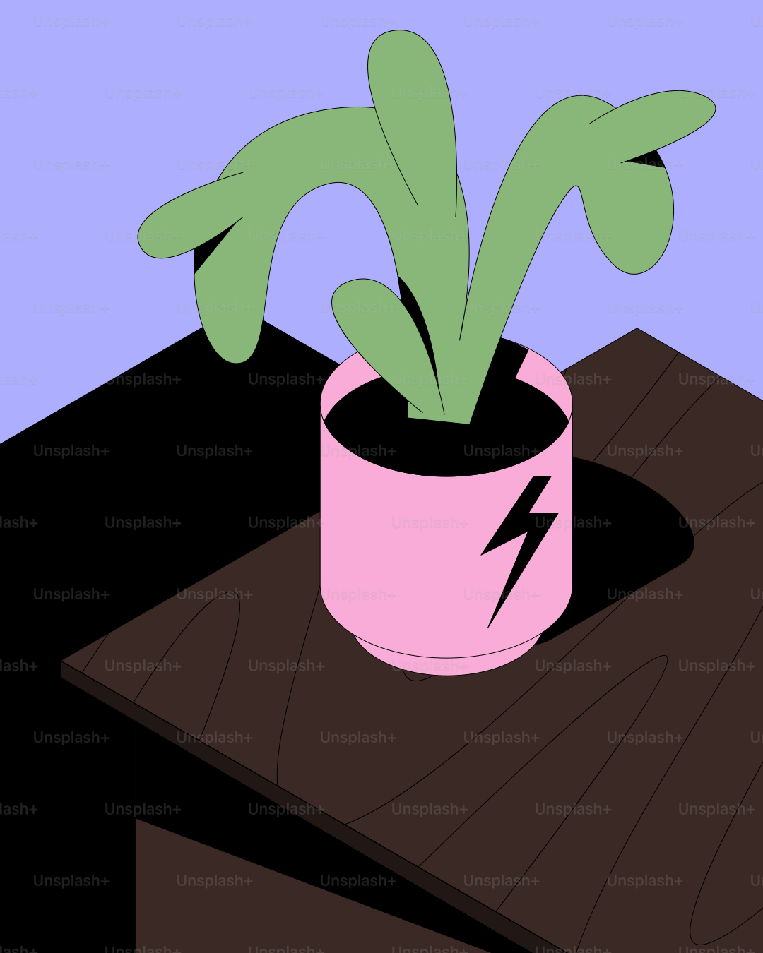 テーブルの上に稲妻の紋章がついた鉢植えのサボテン。