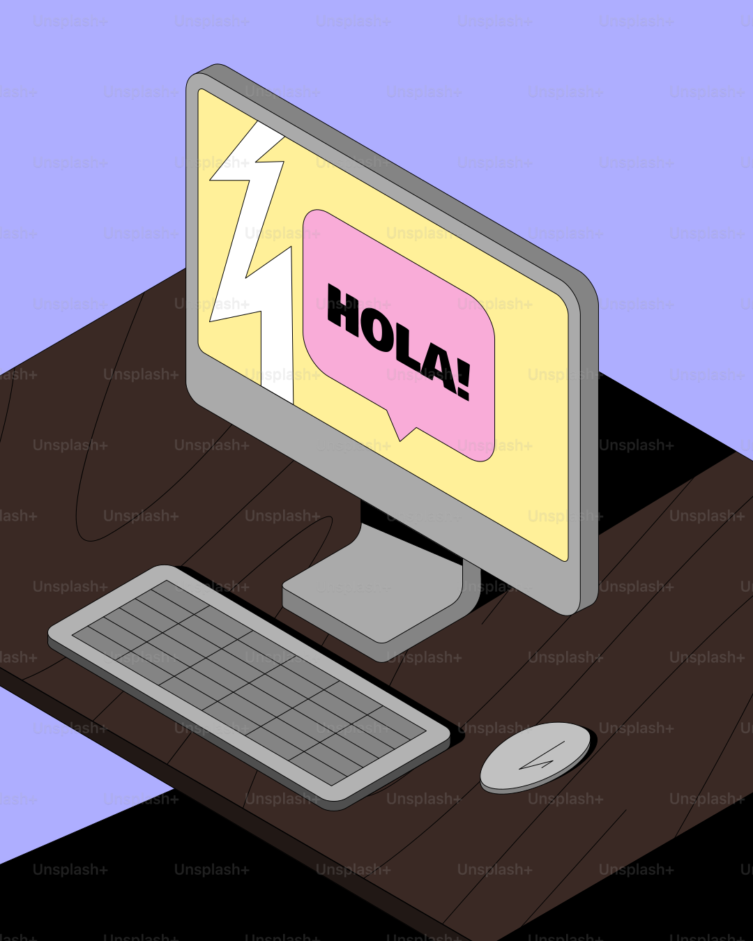 コンピューター画面に「hola!」と吹き出しが表示されます。