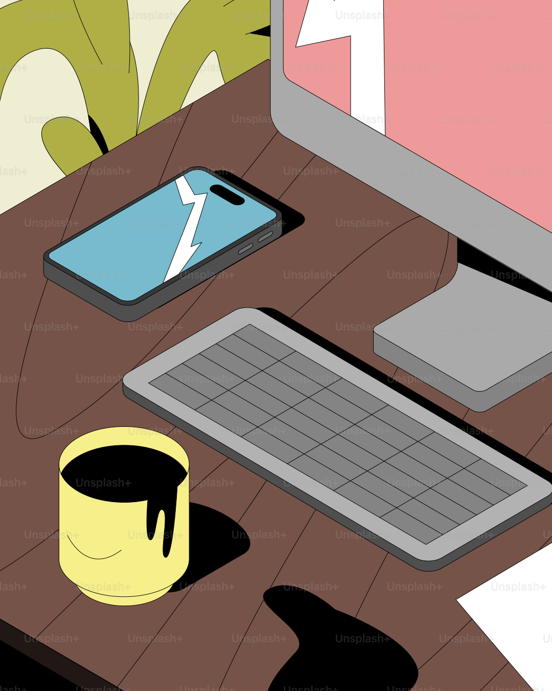 机にはパソコン、電話、コーヒーカップがあります。