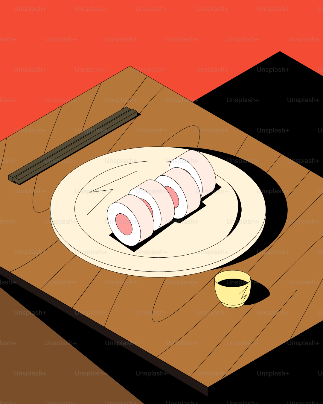 Sushi rolls on a plate with chopsticks and soy sauce.