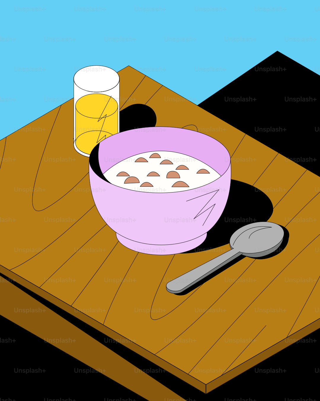 Bowl of cereal with milk and a glass of juice.