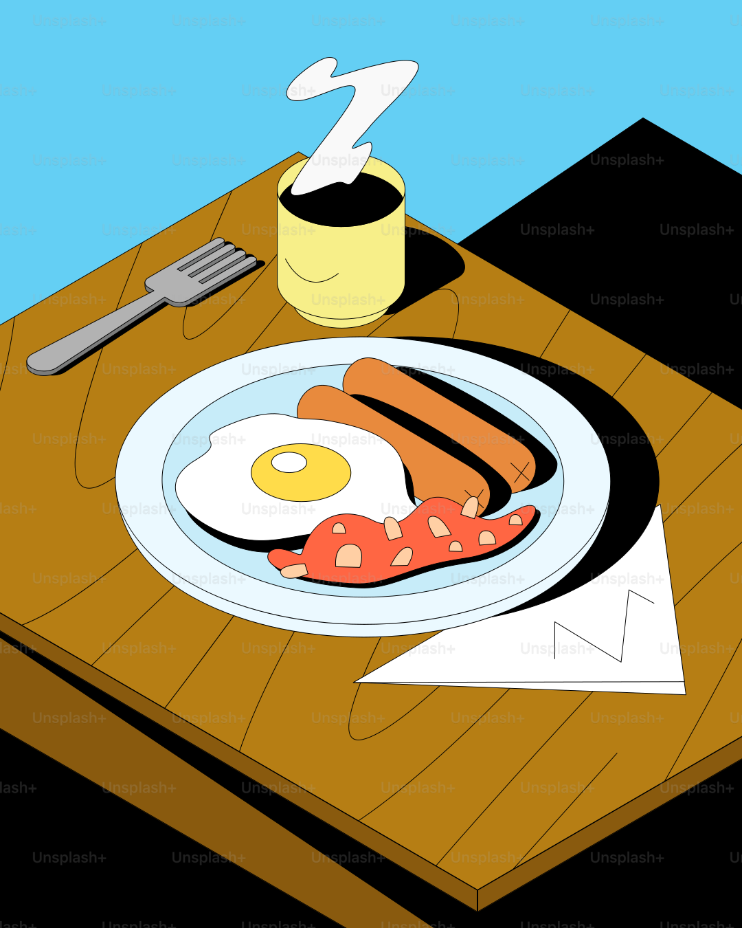 Une assiette de petit-déjeuner avec œufs, bacon et saucisses.
