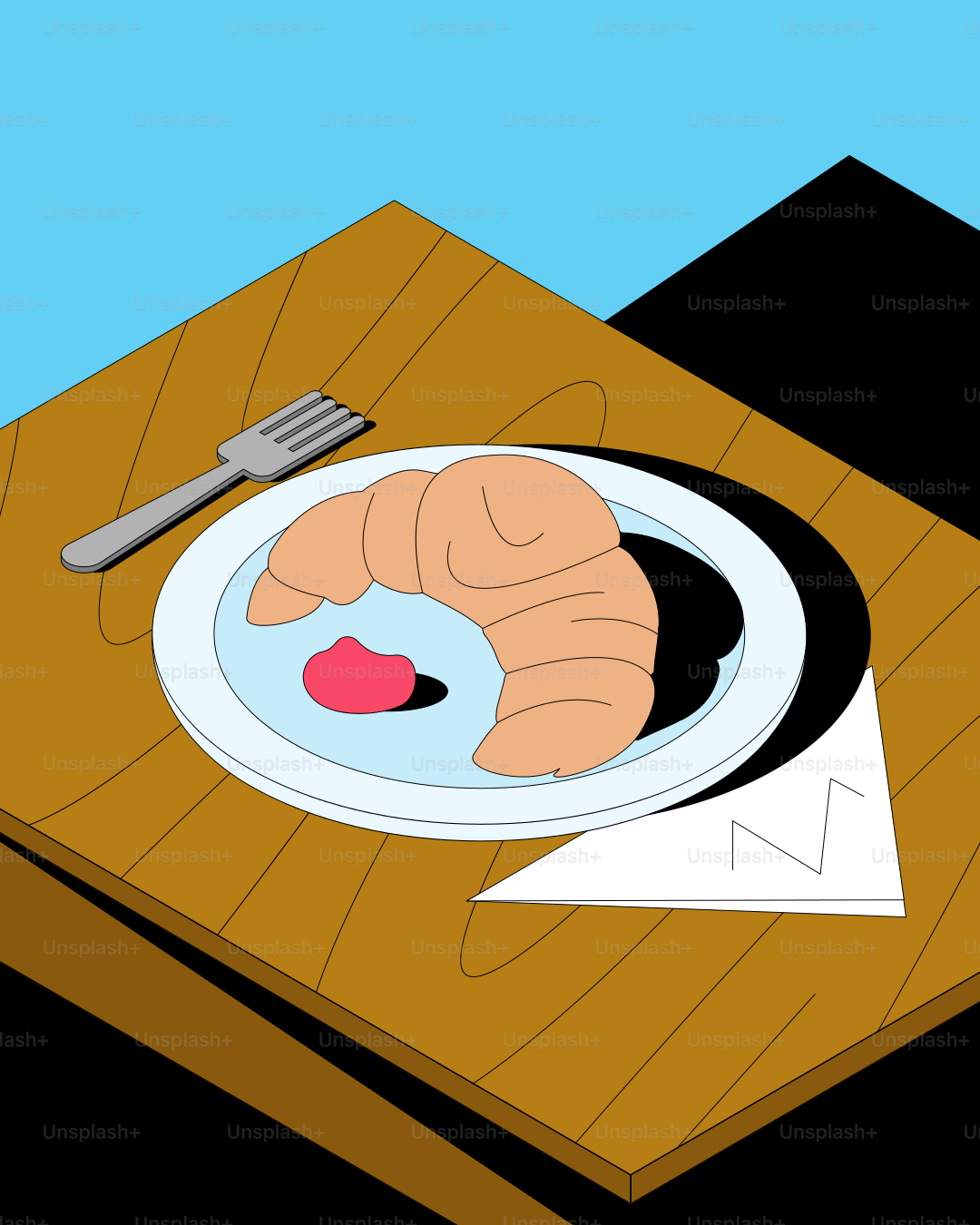 フォークで皿にジャムを乗せたクロワッサン。