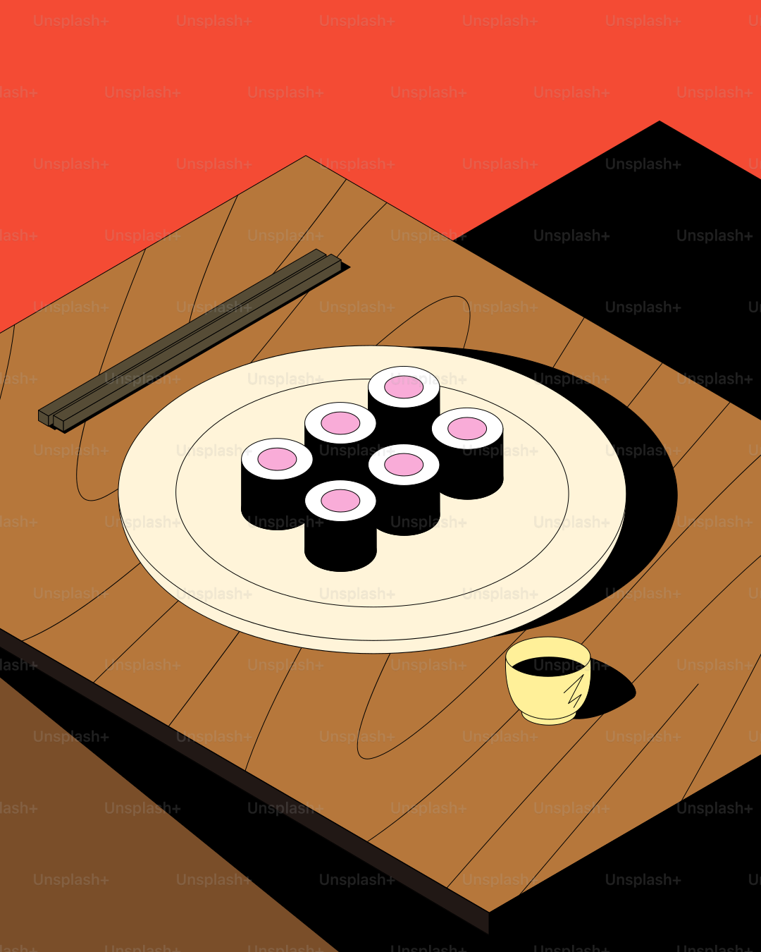 Plate of sushi with soy sauce and chopsticks