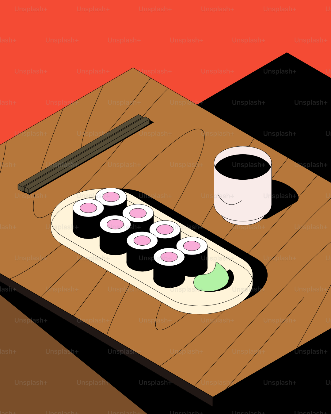 寿司ロールと醤油、箸がテーブルに置かれています