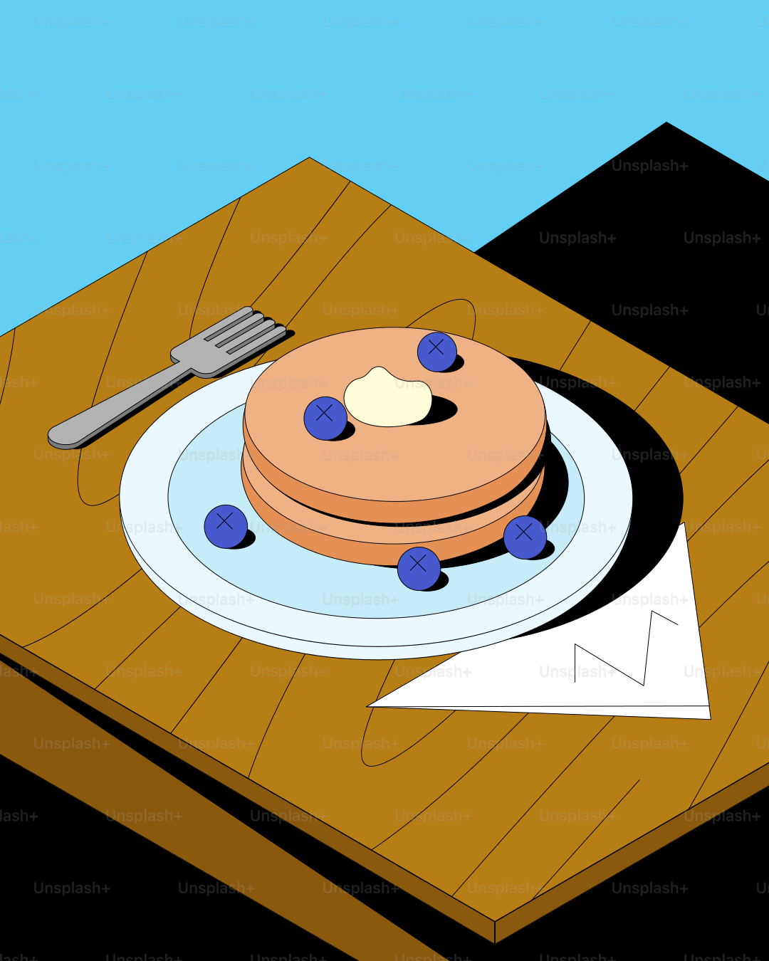 Stack of pancakes with blueberries and butter on plate.