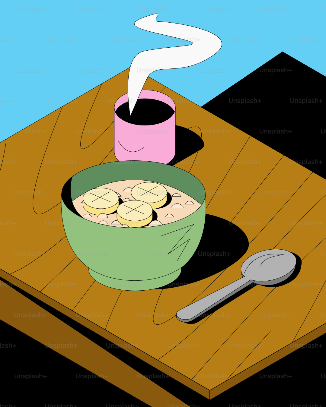 オートミールのボウルにバナナスライスとコーヒーを添えた