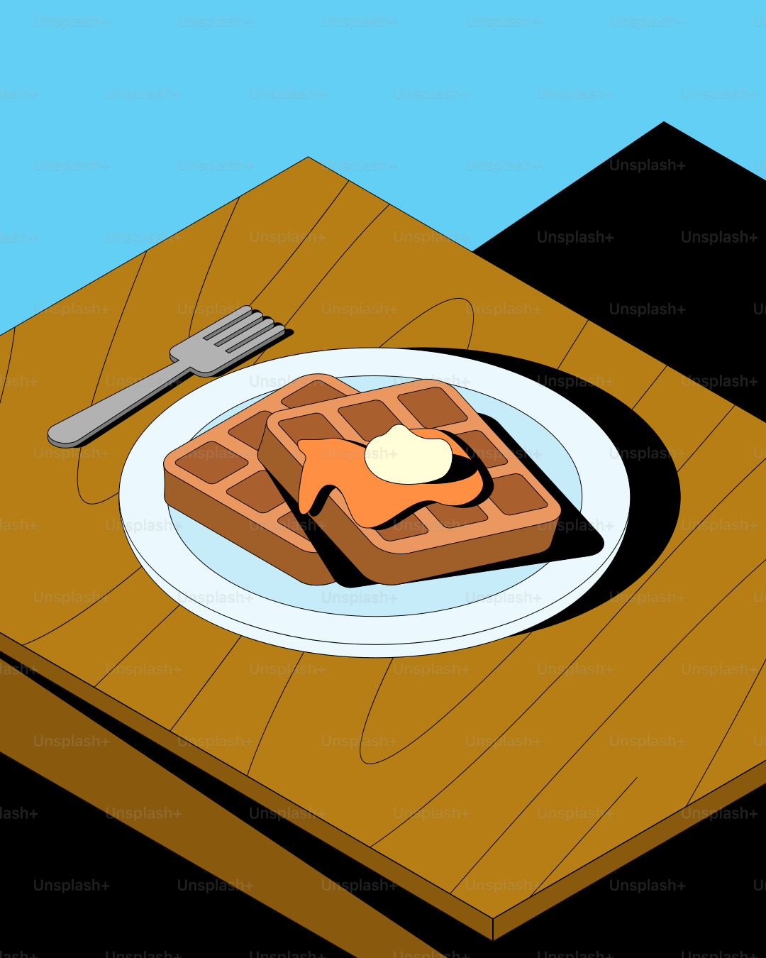 バターとシロップを乗せたワッフルを2つ。