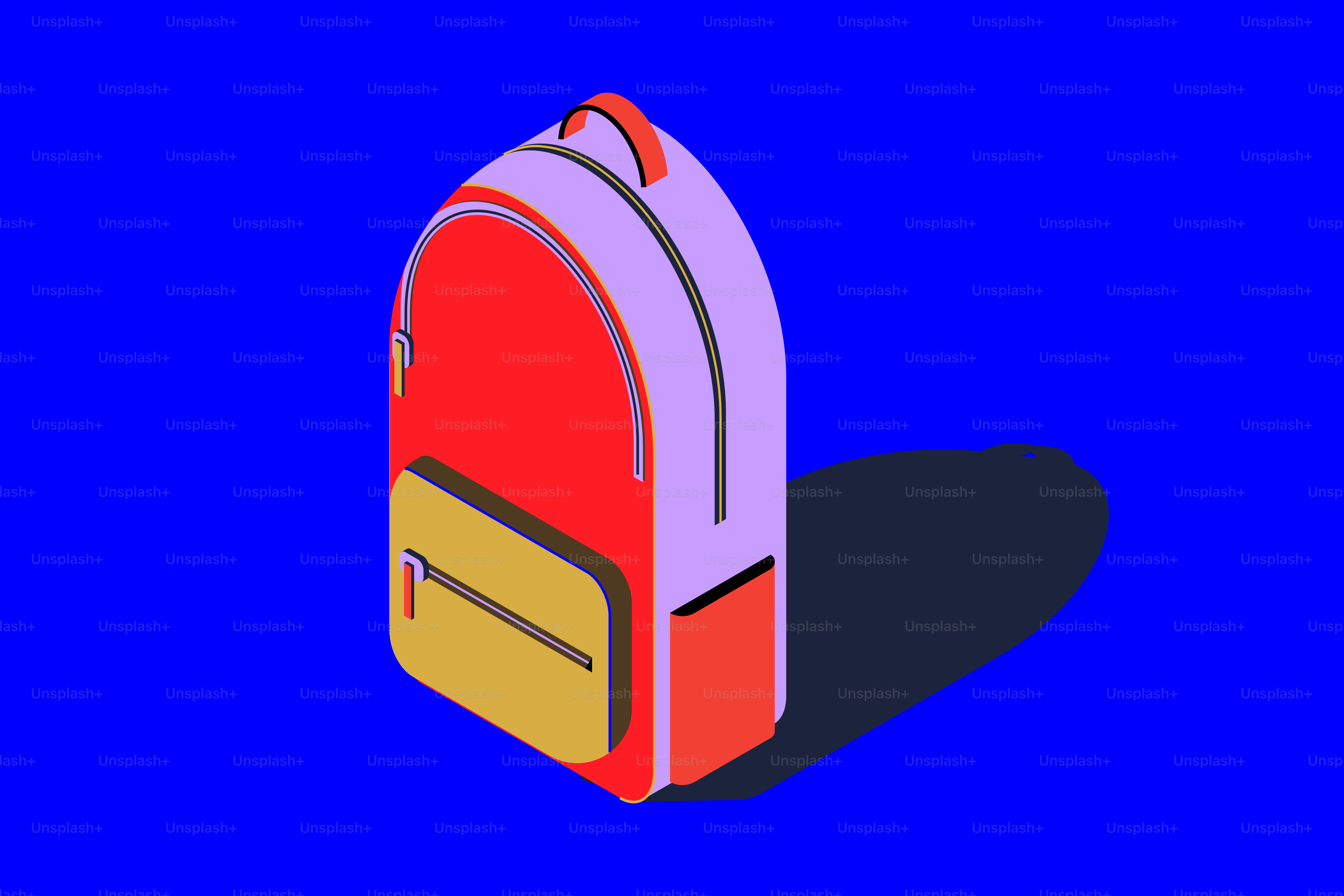 파란 배경에 빨간색과 보라색 배낭이 있었다