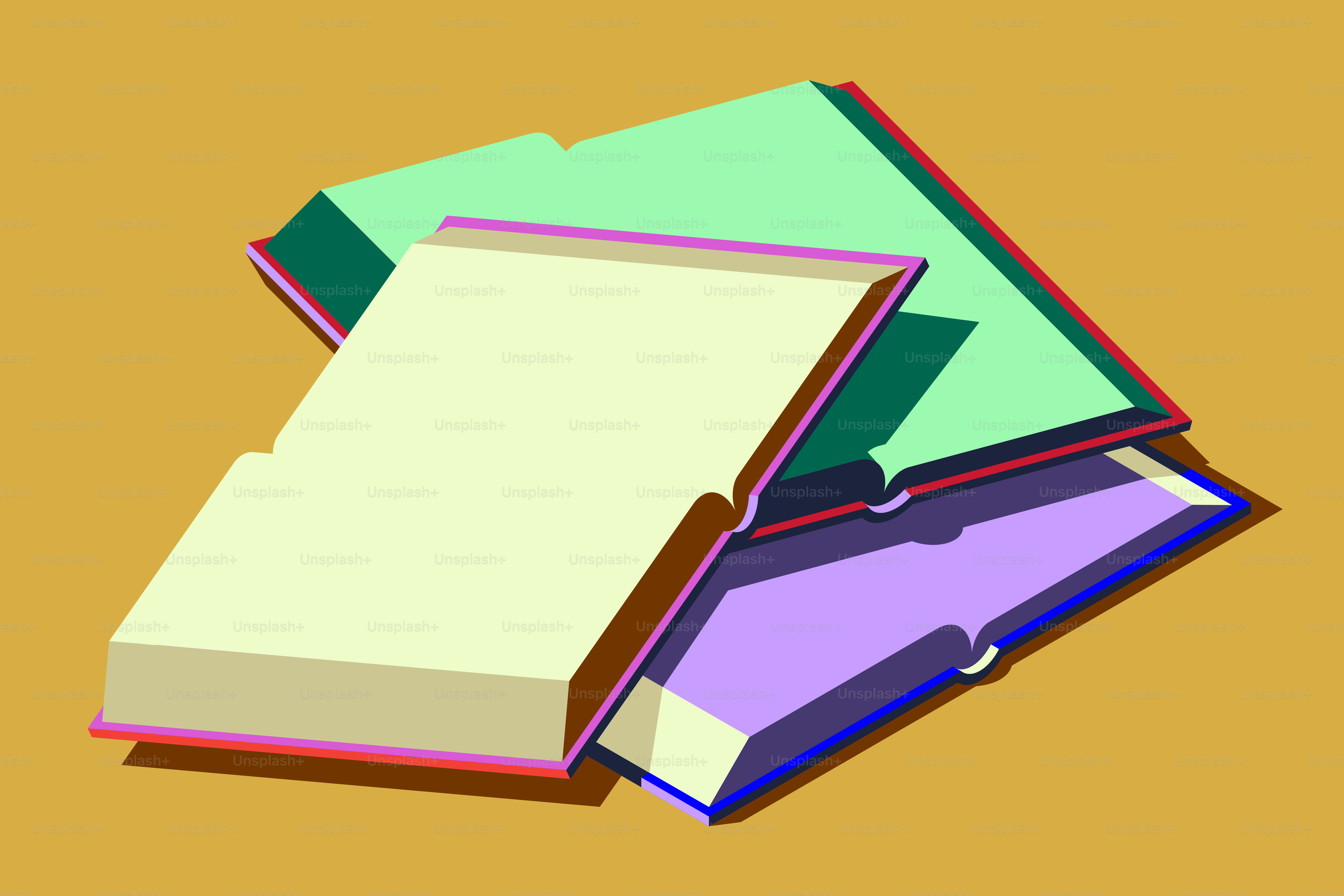 Three colorful books stacked on a yellow background