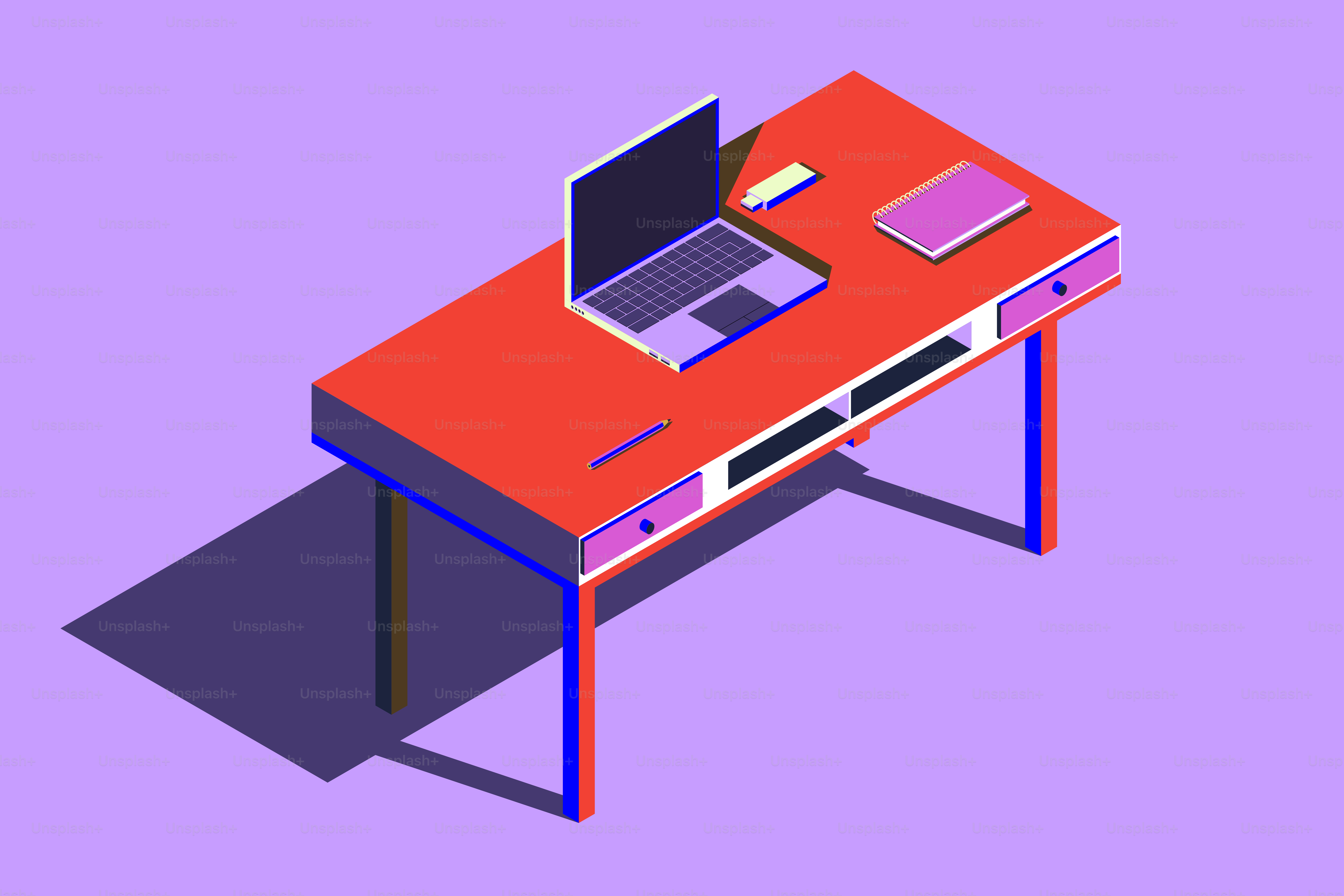Isometric desk with laptop and notebook