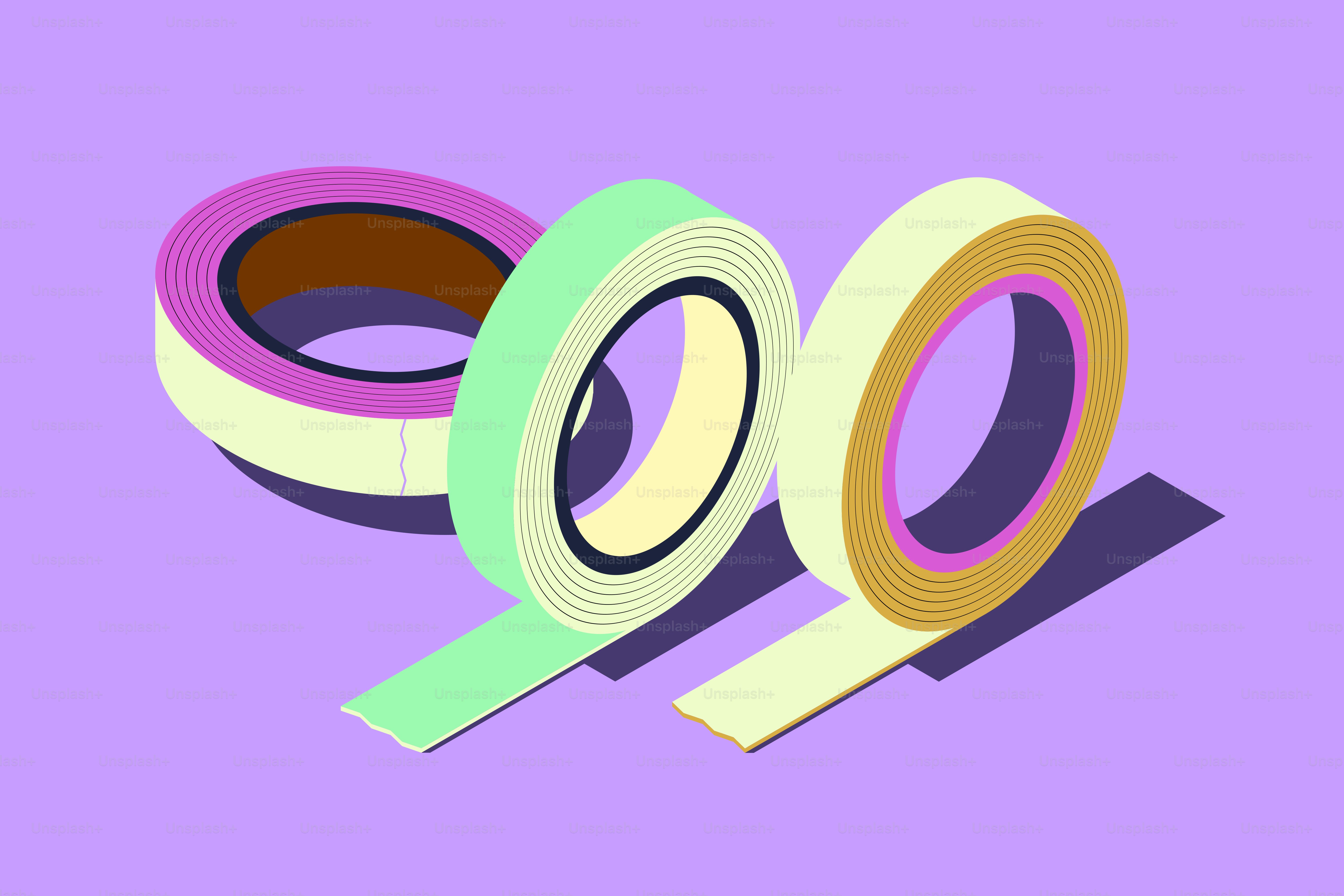 Three rolls of colorful tape on purple background