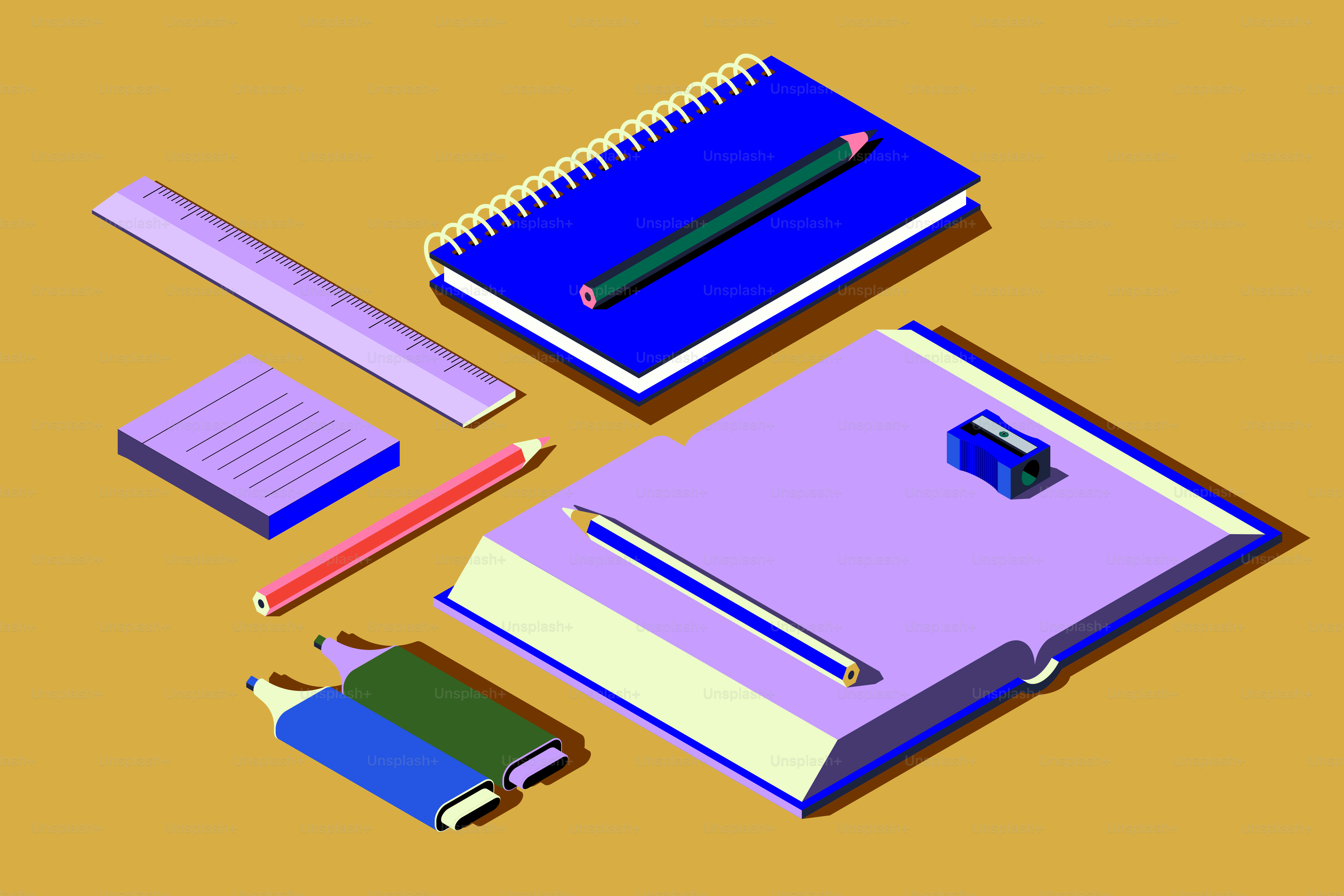 黄色い背景に並べられた学用品。