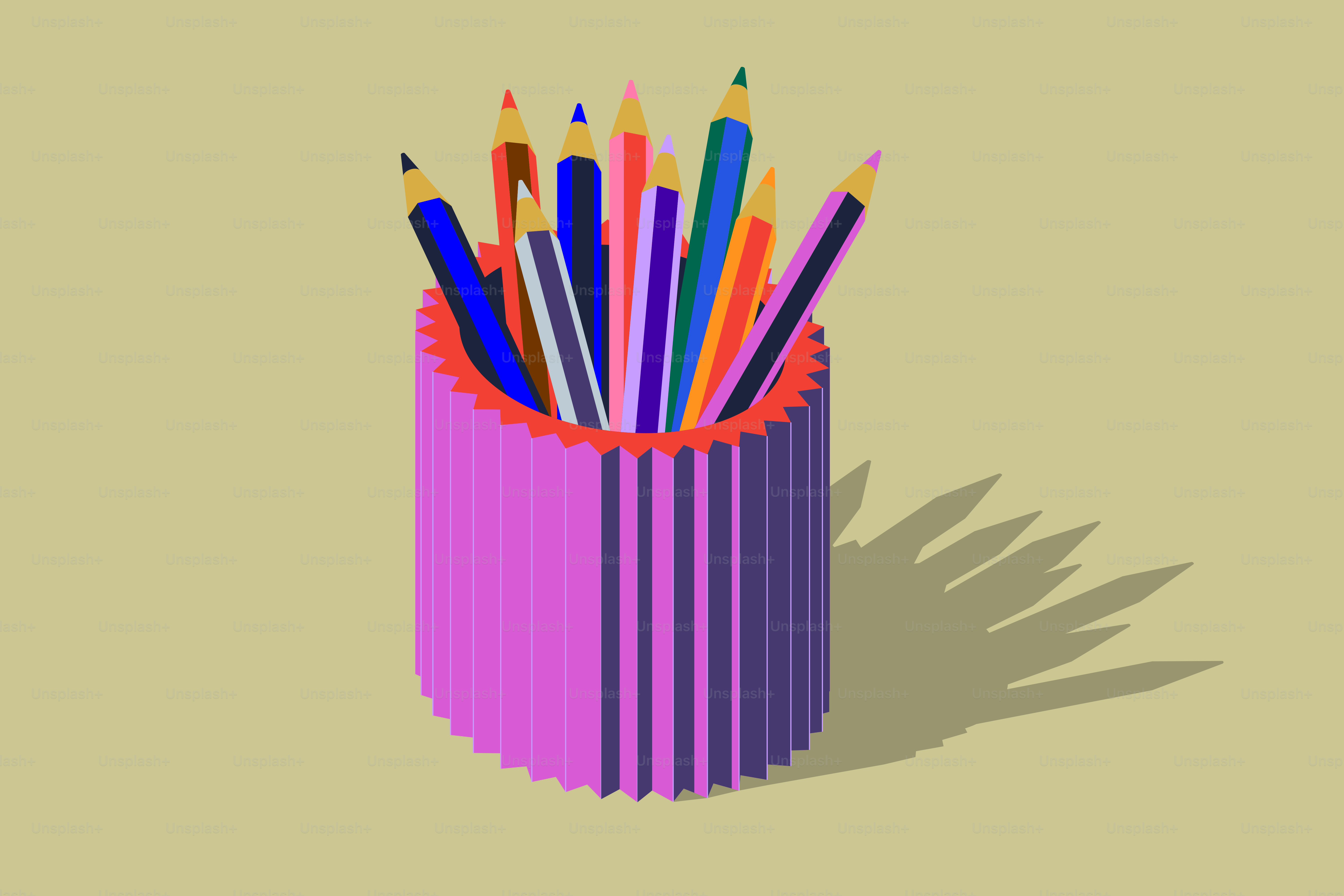 A pink pencil holder filled with colored pencils