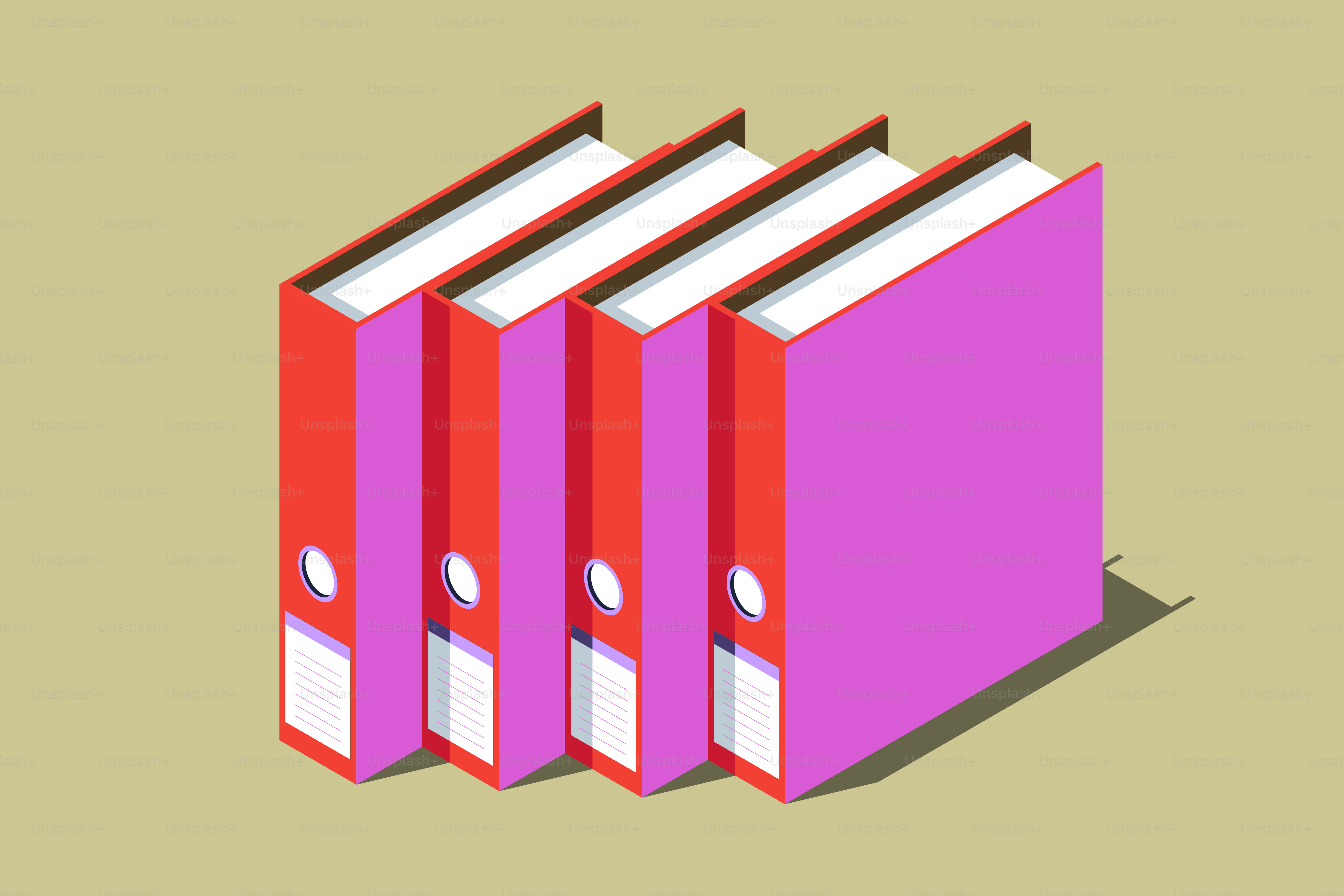 Three pink and red binders stand upright.