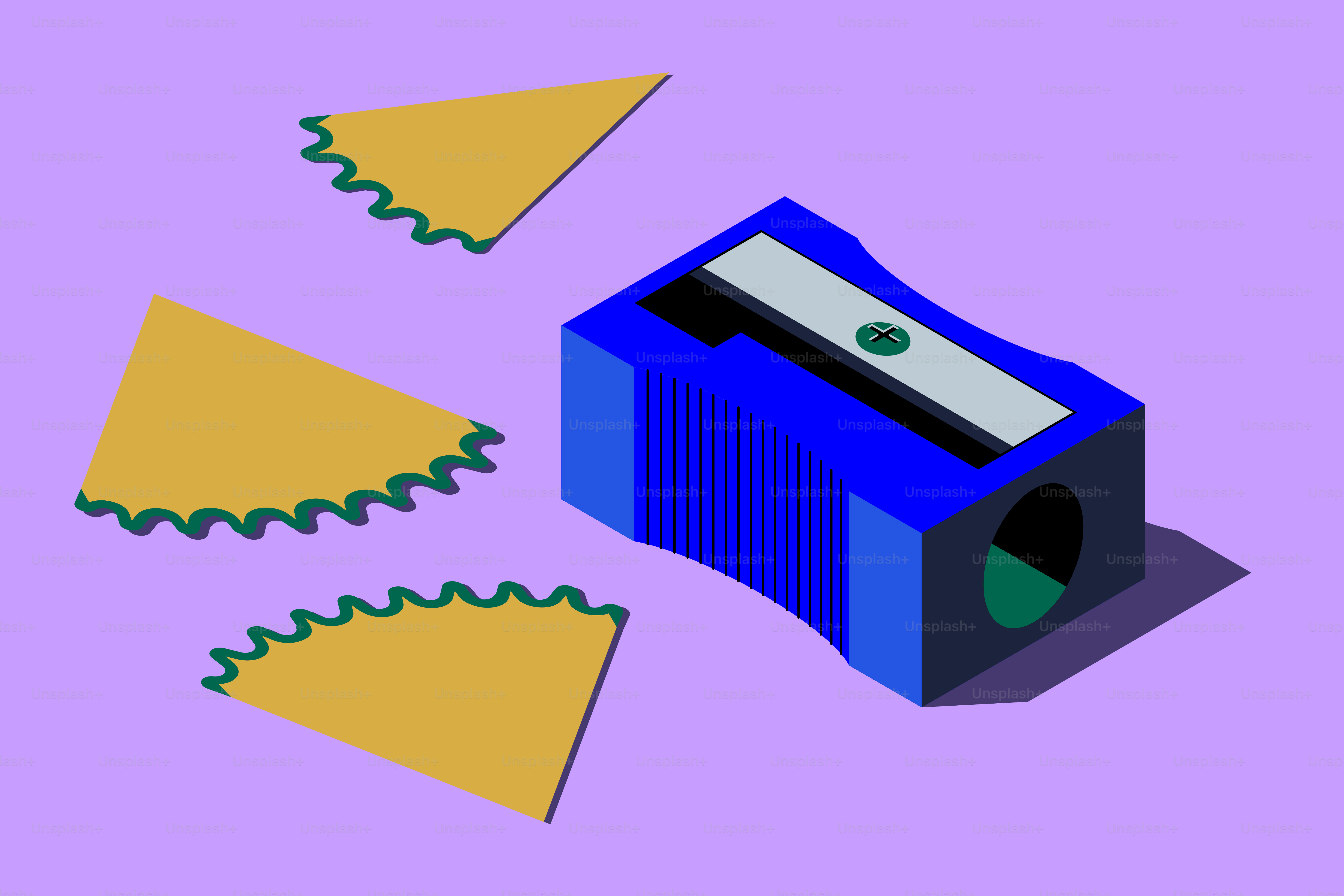 A blue pencil sharpener with yellow paper shavings