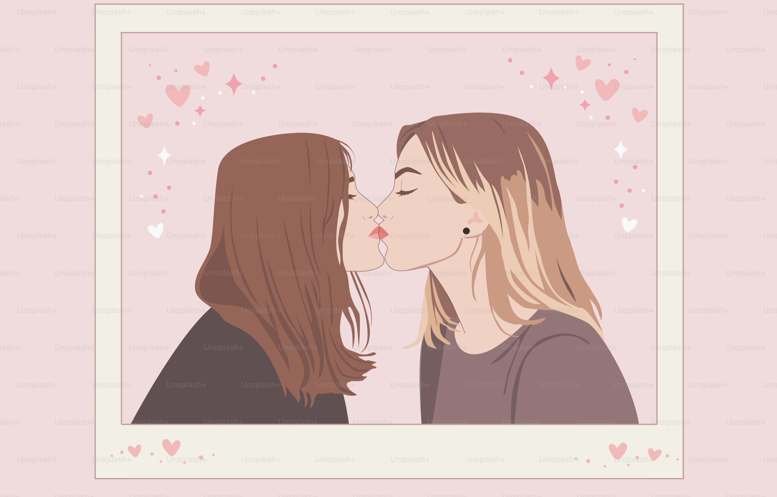 Dos mujeres compartiendo un tierno beso rodeadas de corazones