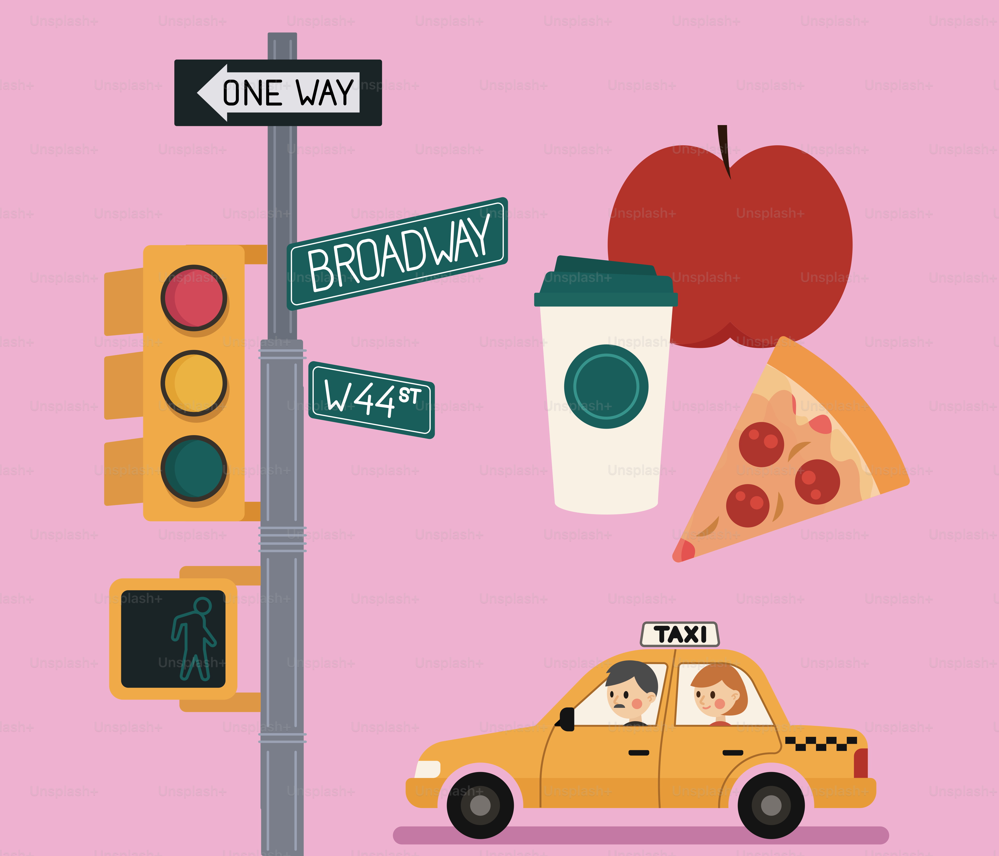 New york city street scene with taxi and food.