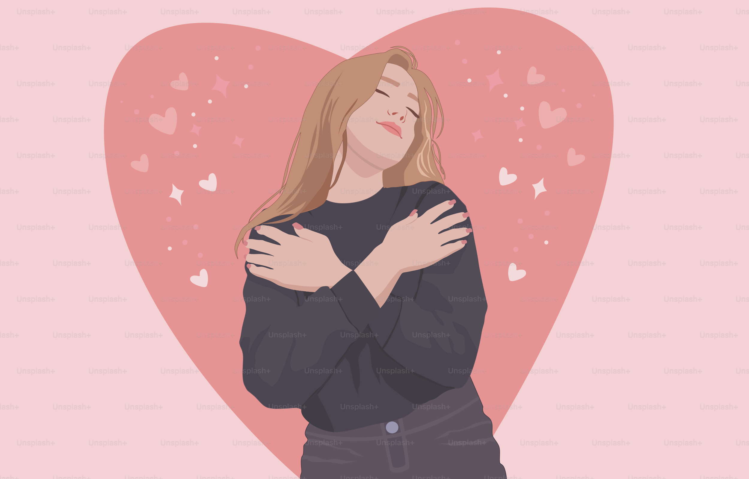 Mujer abrazándose a sí misma con corazones rosas