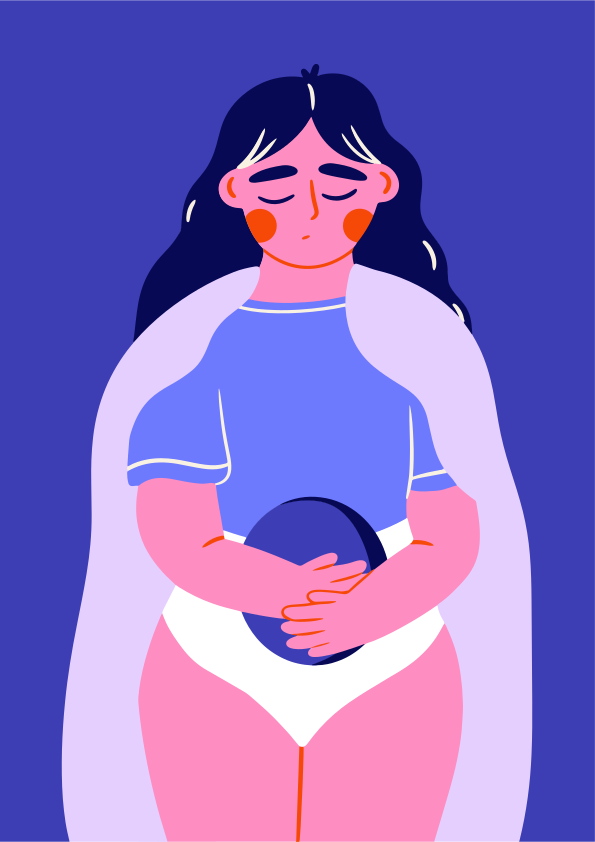 Woman holding stomach with eyes closed