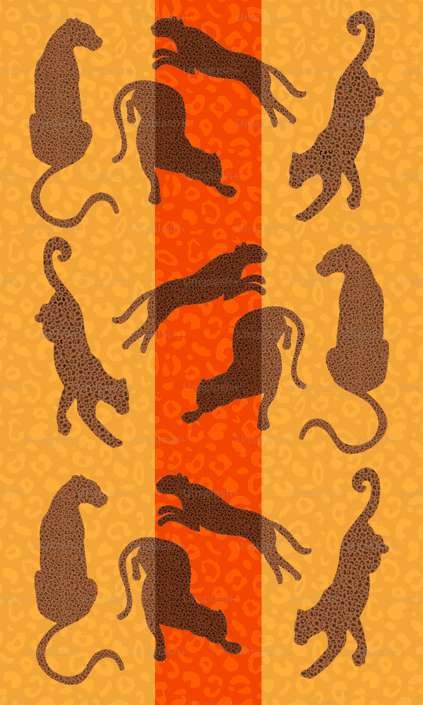 Several leopards in silhouette on a patterned background