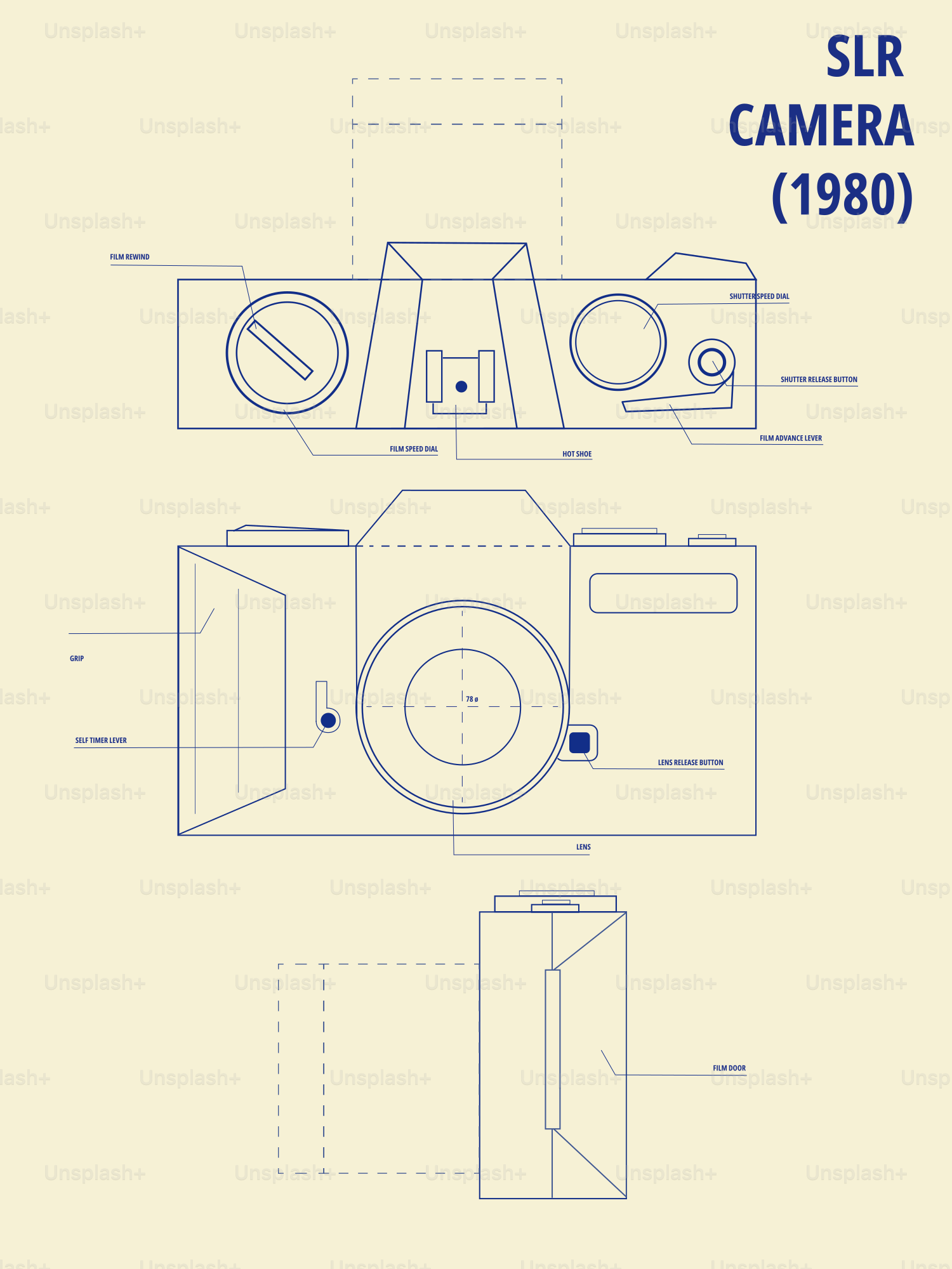 Blueprint of a 1980s slr camera