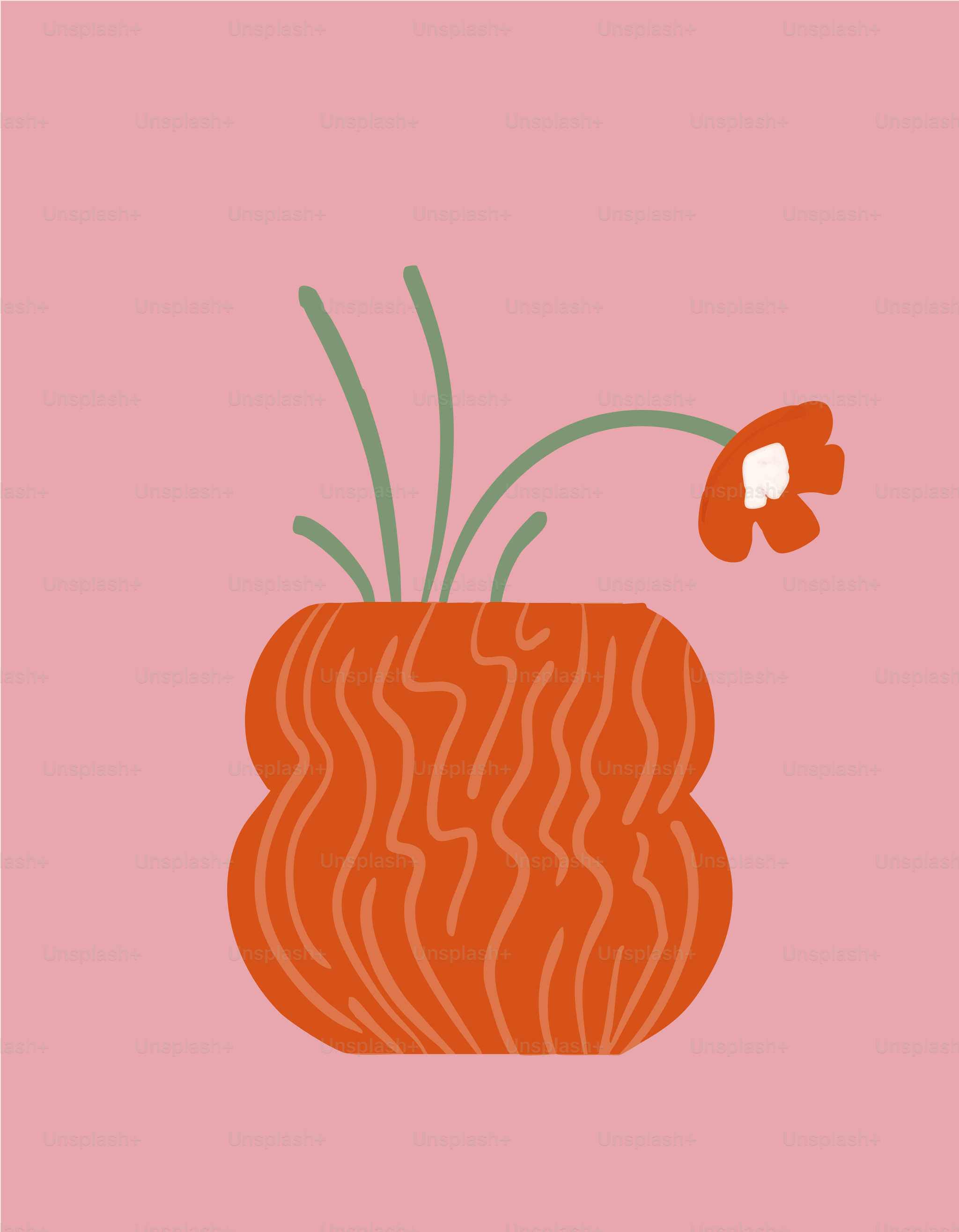 Jarrón naranja con una sola flor sobre fondo rosa