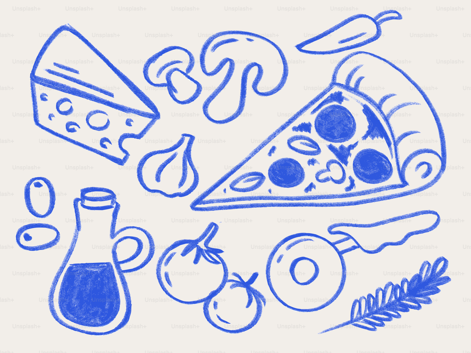 A collection of pizza ingredients and slice