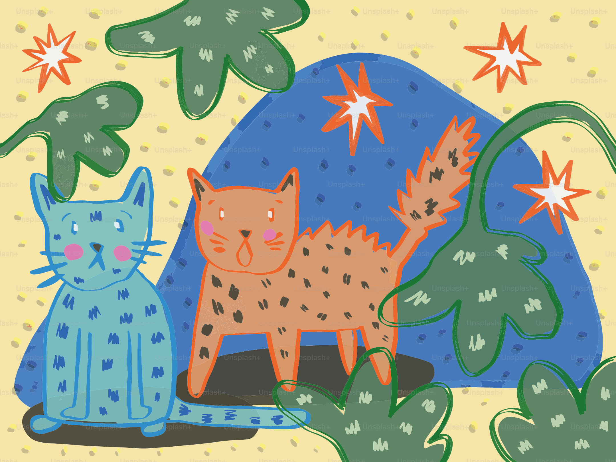 Two cartoon cats in a whimsical abstract setting