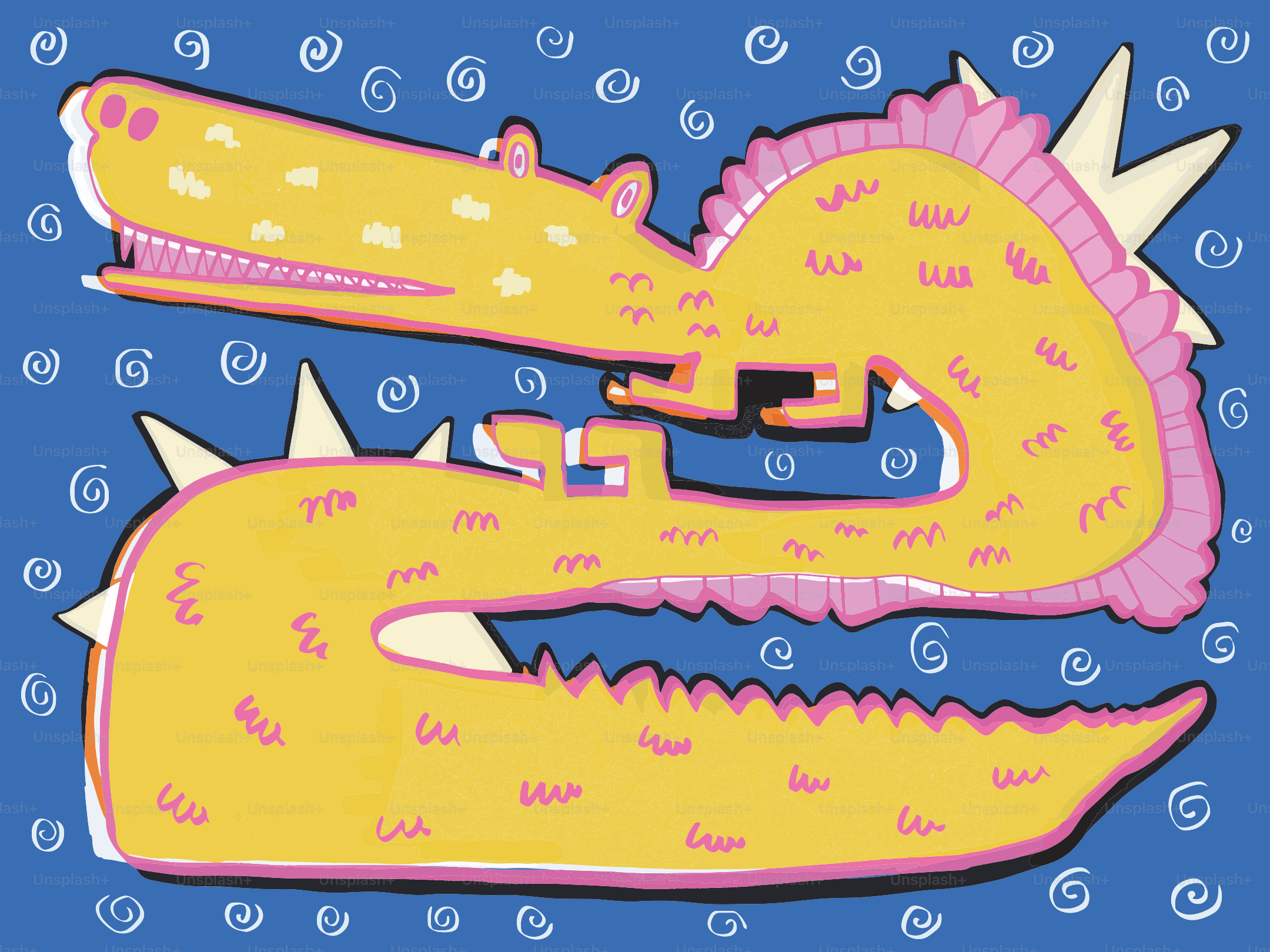 A yellow dragon with pink accents on blue background.