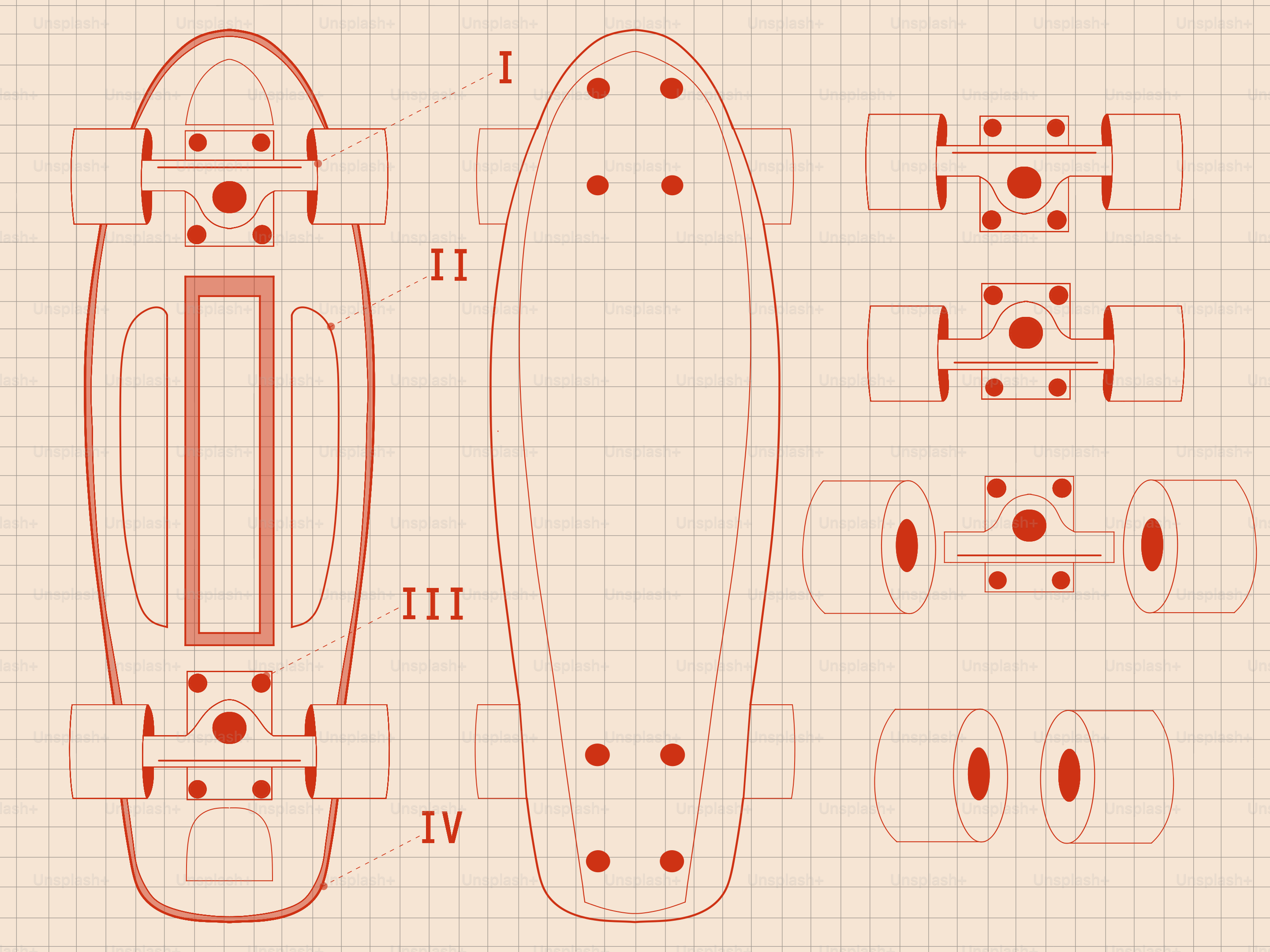 Bauplan eines Skateboards mit Teilen als Teile beschriftet.