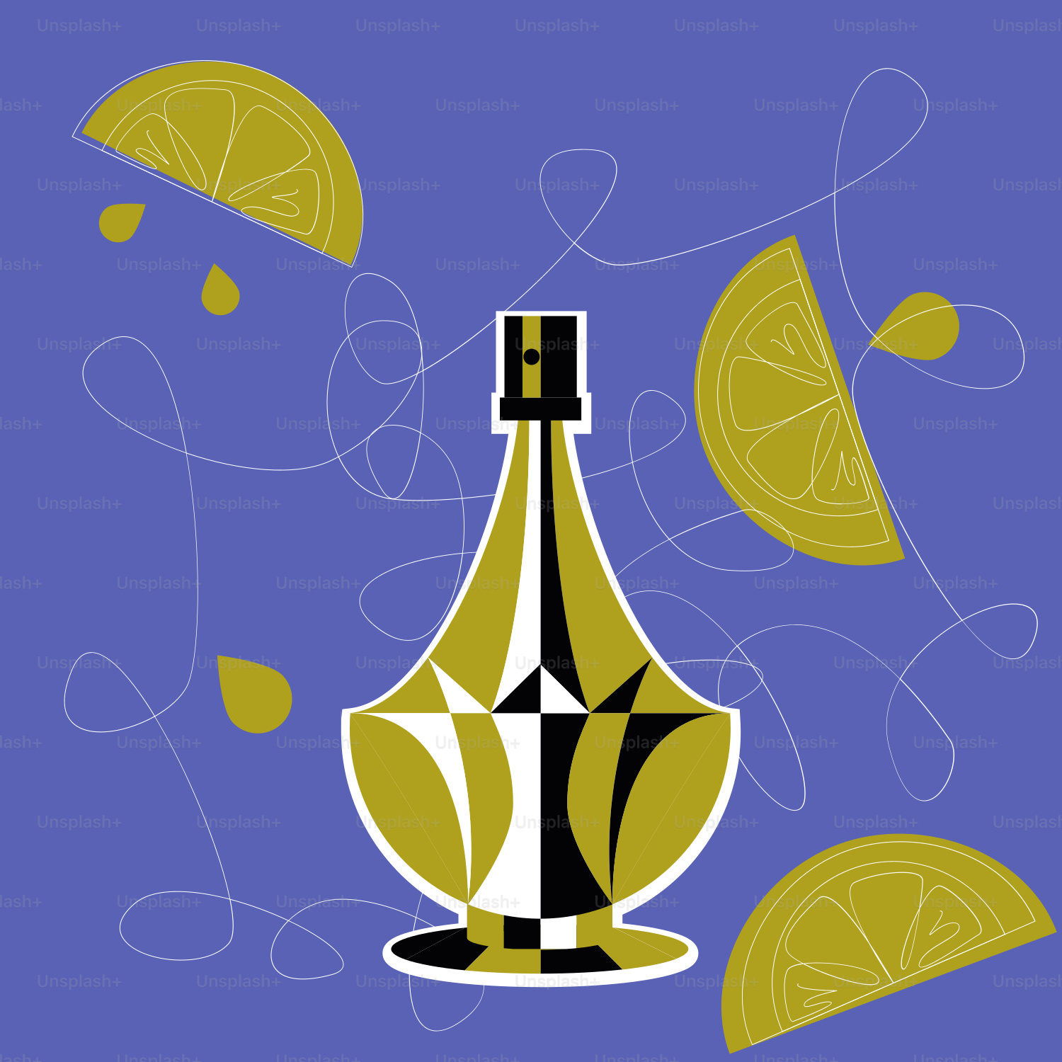 Bottle with lemon slices and abstract lines